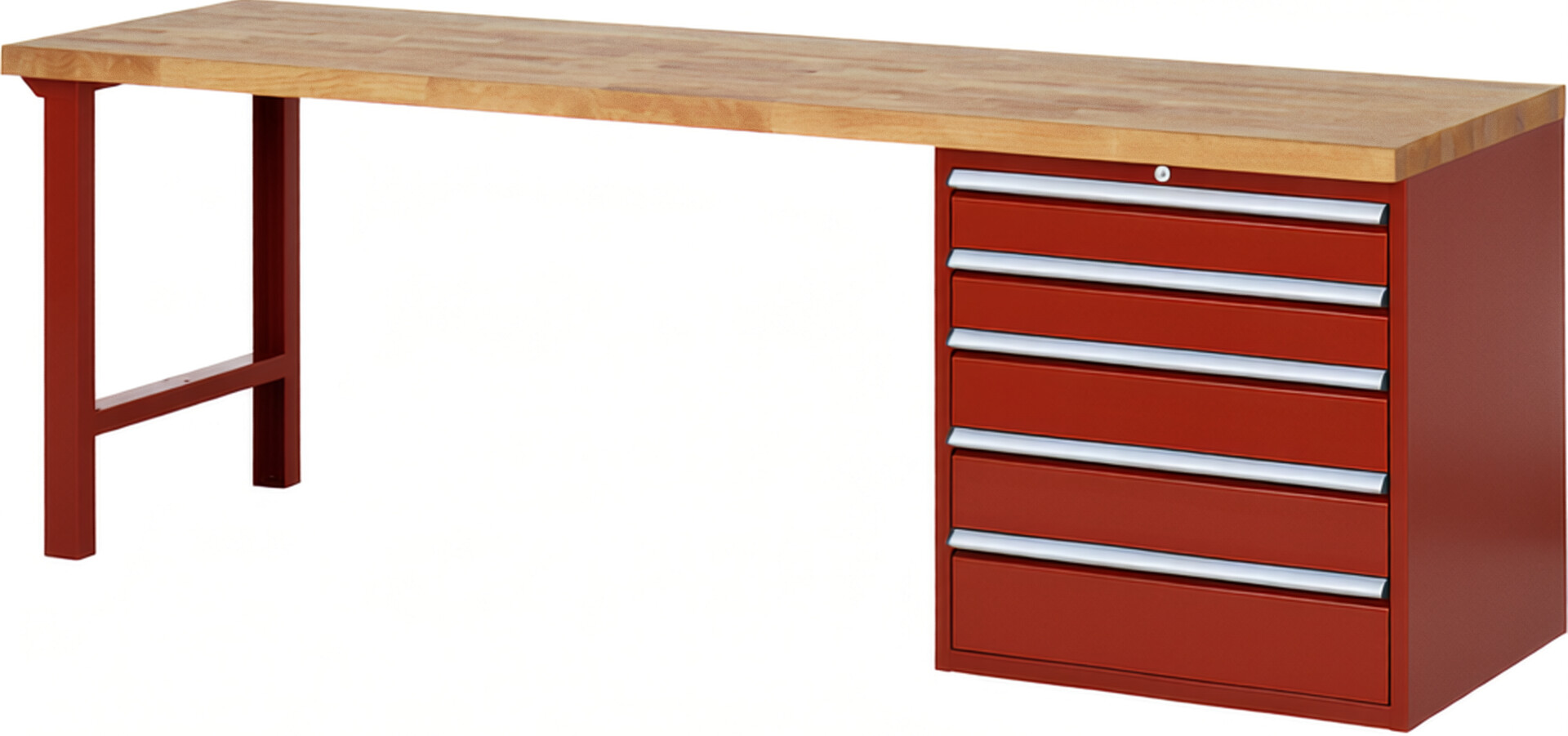 RAU Werkbank rot - Breite 250 cm - Tiefe 70 cm - Höhe 89 cm - Buche-Massiv Arbeitsplatte 40 mm