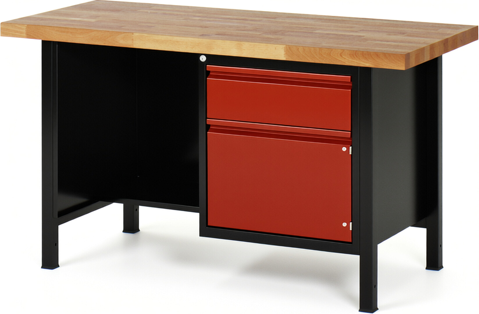 RAU Werkbank schwarz - rot - Breite 150 cm - Tiefe 70 cm - Höhe 84 cm - Buche-Massiv Arbeitsplatte 40 mm