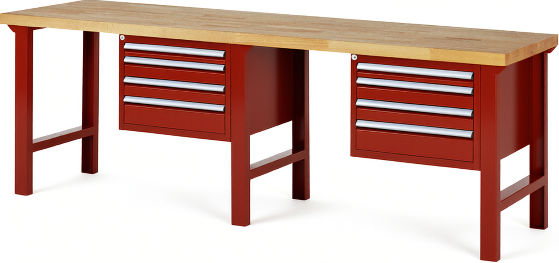 RAU Werkbank rot - Breite 250 cm - Tiefe 70 cm - Höhe 84 cm - Buche-Massiv Arbeitsplatte 40 mm