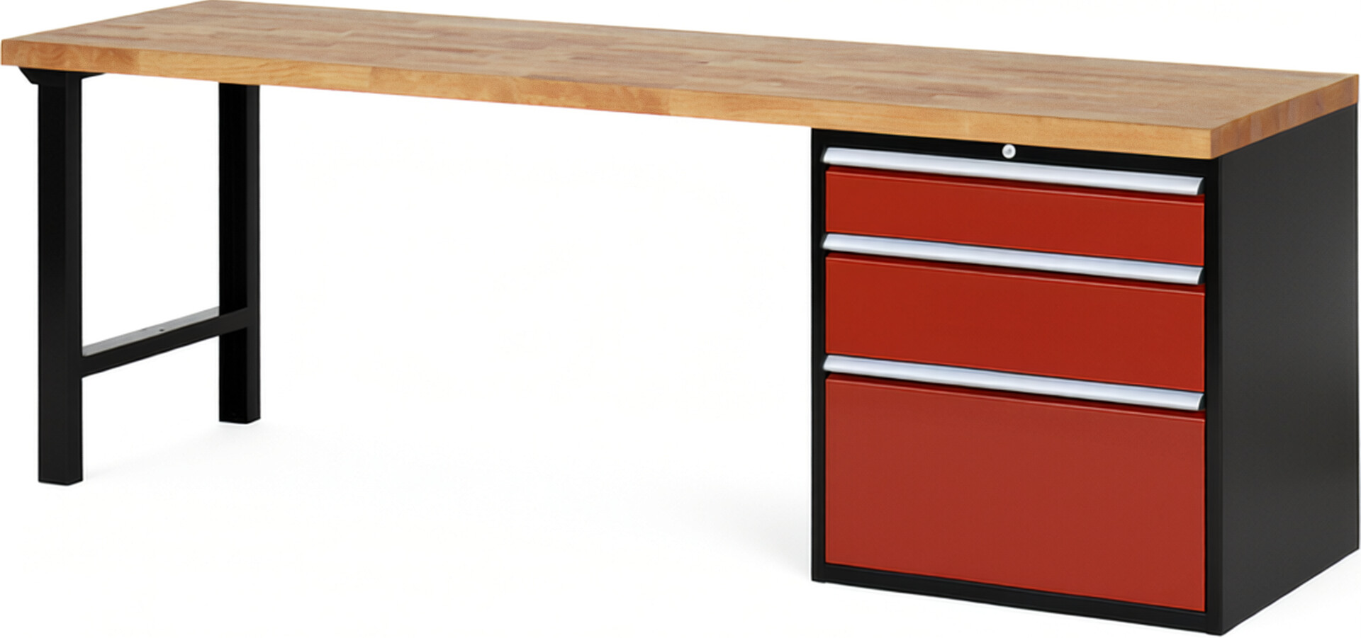 RAU Werkbank schwarz - rot - Breite 250 cm - Tiefe 70 cm - Höhe 84 cm - Buche-Massiv Arbeitsplatte 40 mm