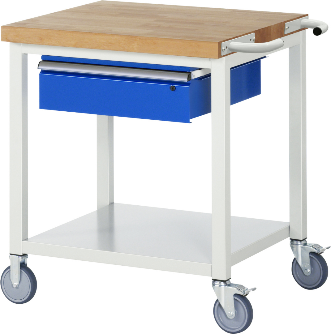 Fahrbare Werkbank Modell 8001 rot - schwarz, BxTxH 750x700x880-1080 mm,  Buche-Massiv Arbeitsplatte 40 mm,  1 Schublade mit  Auszug 90 %