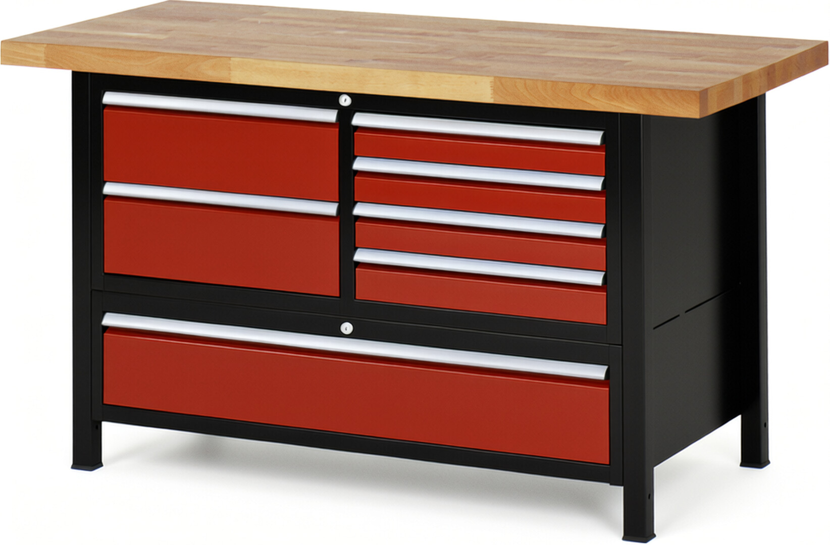 Werkbank Modell 8931 schwarz-rot, BxTxH 1500x700x840 mm,  Buche-Massiv Arbeitsplatte 40 mm,  7 Schubladen mit  Vollauszug 100 % und  SoftClosing