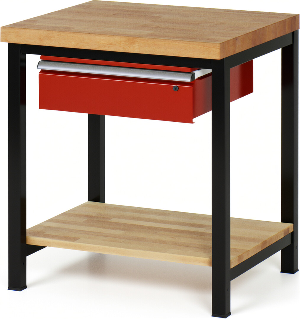 RAU Werkbank schwarz - rot - Breite 75 cm - Tiefe 70 cm - Höhe 104 cm - Buche-Massiv Arbeitsplatte 40 mm
