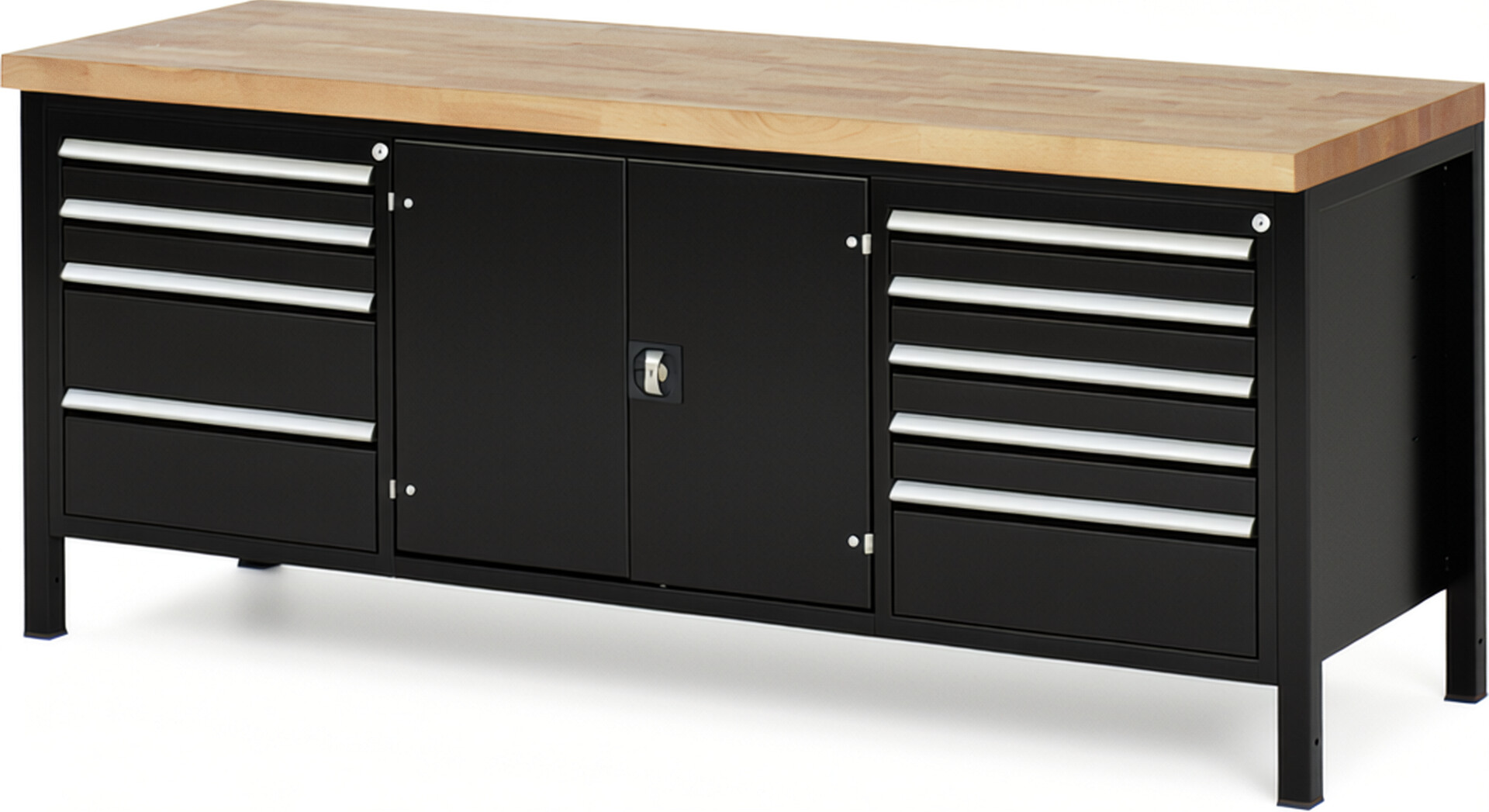 Werkbank Modell 8908 schwarz, BxTxH 2000x700x840 mm,  Buche-Massiv Arbeitsplatte 40 mm,  9 Schubladen mit  Vollauszug 100 % und  SoftClosing