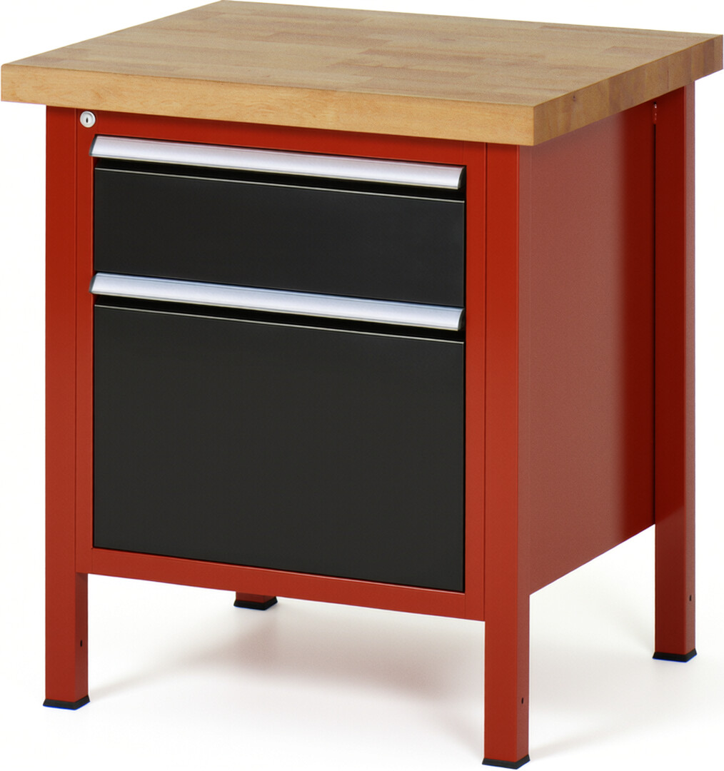 Werkbank Modell 8156 rot - schwarz, BxTxH 750x700x840 mm,  Buche-Massiv Arbeitsplatte 40 mm,  2 Schubladen mit  Vollauszug 100 % und  SoftClosing