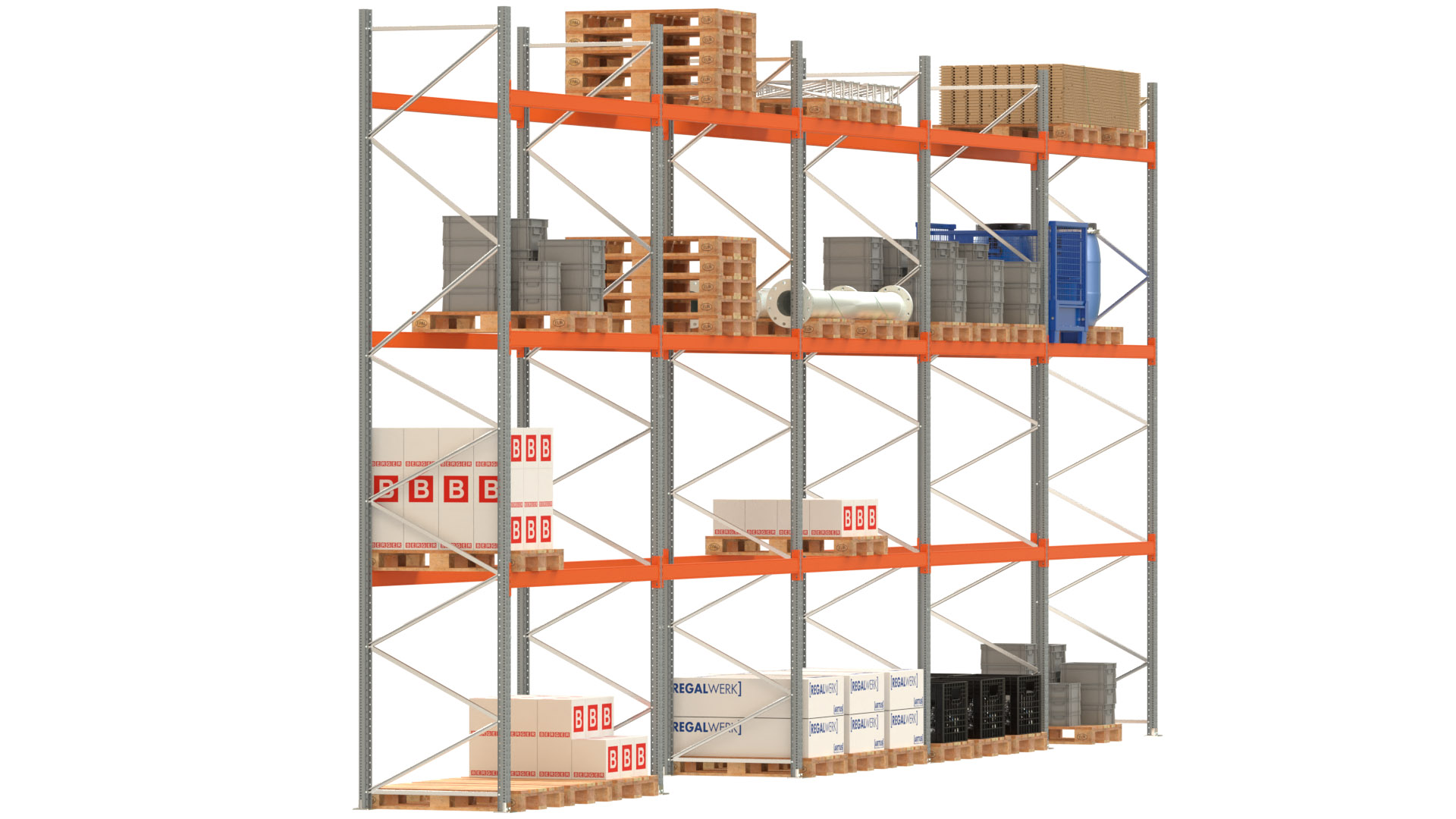 Palettenregal ARTUS - Breite 1401 cm - Höhe 550 cm - Tiefe 110 cm - 3 Träger-Ebenen - Fachlast 2000 kg - 60 Palettenstellplätze