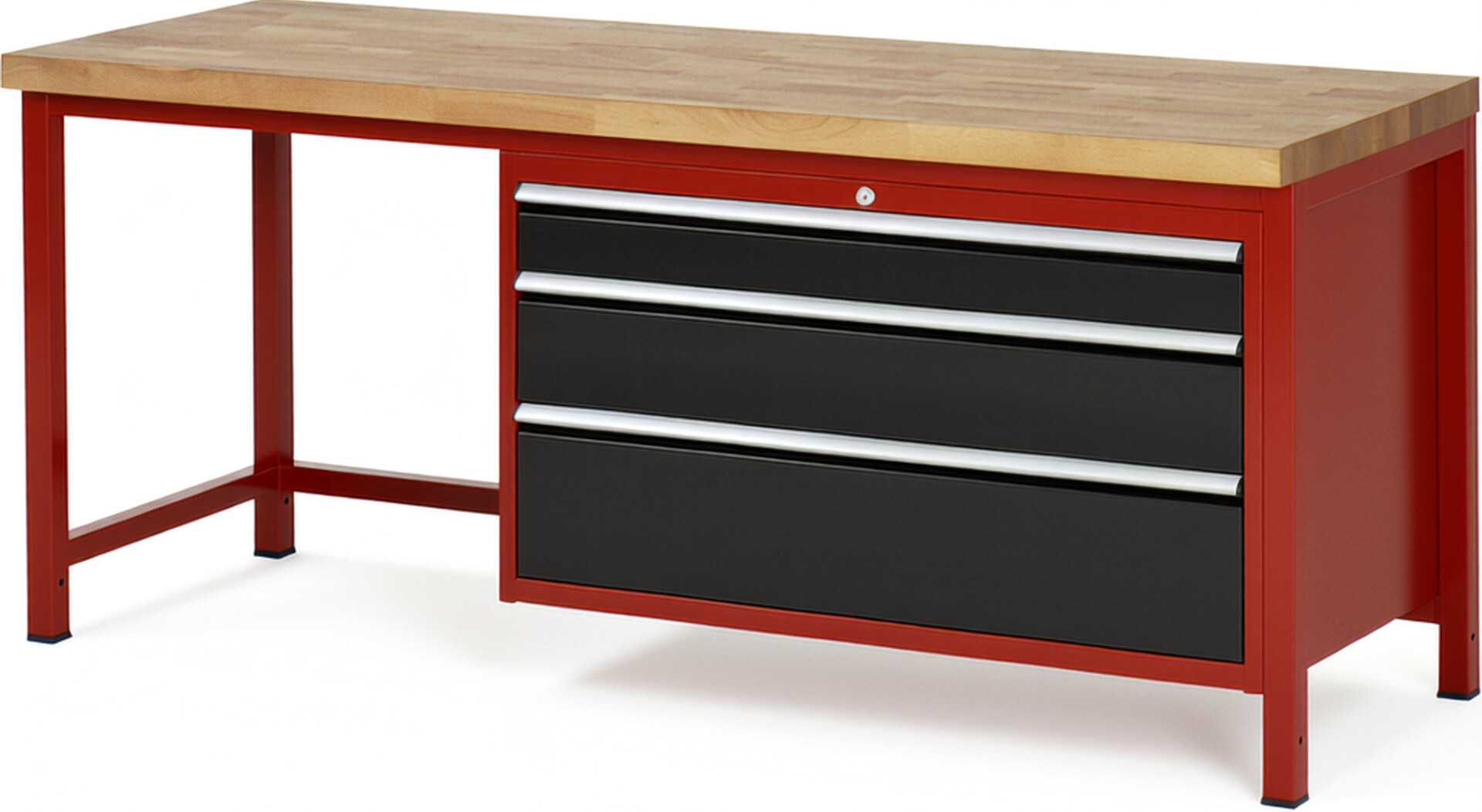 Werkbank Modell 8359 rot - schwarz, BxTxH 2000x700x840-1040 mm,  Buche-Massiv Arbeitsplatte 40 mm,  3 Schubladen mit  Auszug 90 %