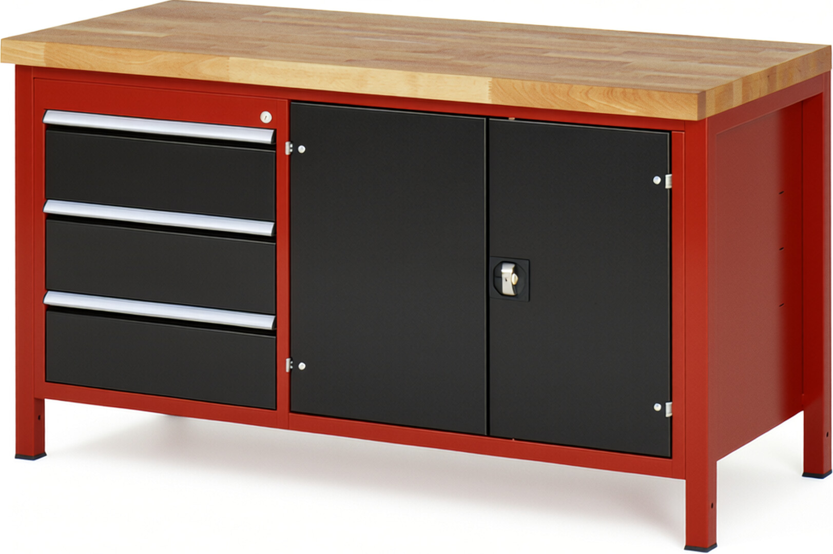 Werkbank Modell 8904 rot - schwarz, BxTxH 1500x700x840-1040 mm,  Buche-Massiv Arbeitsplatte 40 mm,  3 Schubladen mit  Vollauszug 100 % und  SoftClosing