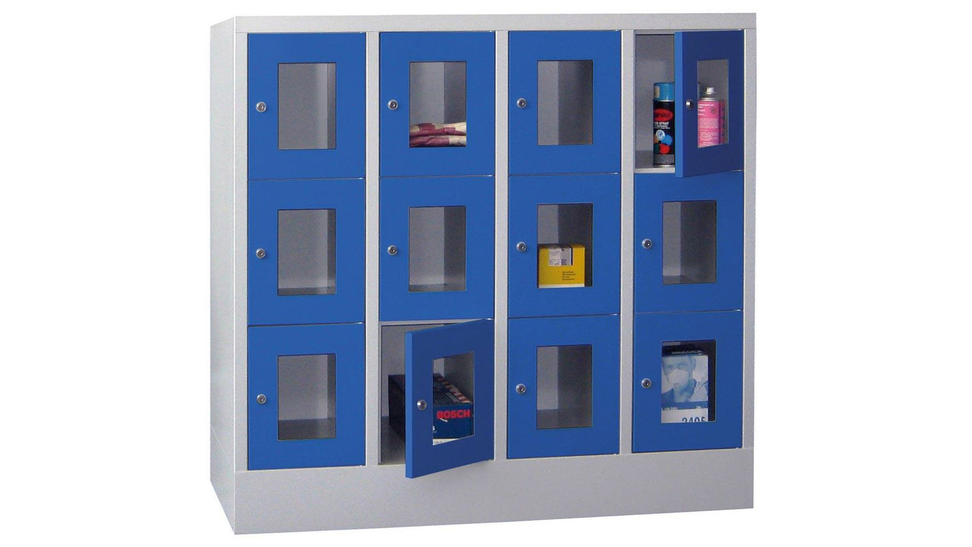 Fächerschränke mit Sichtfenstertüren, Breite 120 cm, Höhe 118,7 cm, Tiefe 50 cm, 4x3 Fächer