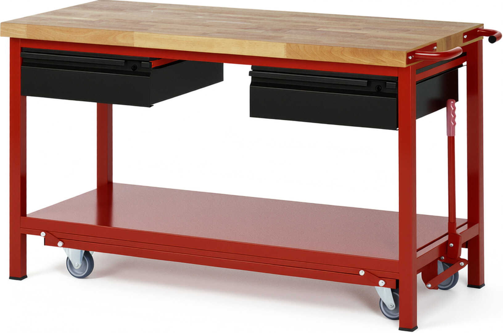 Absenkbare Werkbank - Modell 8002 BASIC rot - schwarz, BxTxH 1500x700x880 mm,  Buche-Massiv Arbeitsplatte 40 mm,  2 Schubladen mit  Auszug 90 %