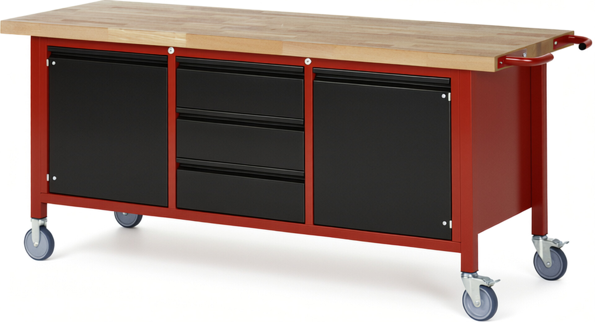 Fahrbare Werkbank - Modell 8569 BASIC rot - schwarz, BxTxH 2000x700x880 mm,  Buche-Massiv Arbeitsplatte 40 mm,  3 Schubladen mit  Auszug 90 %