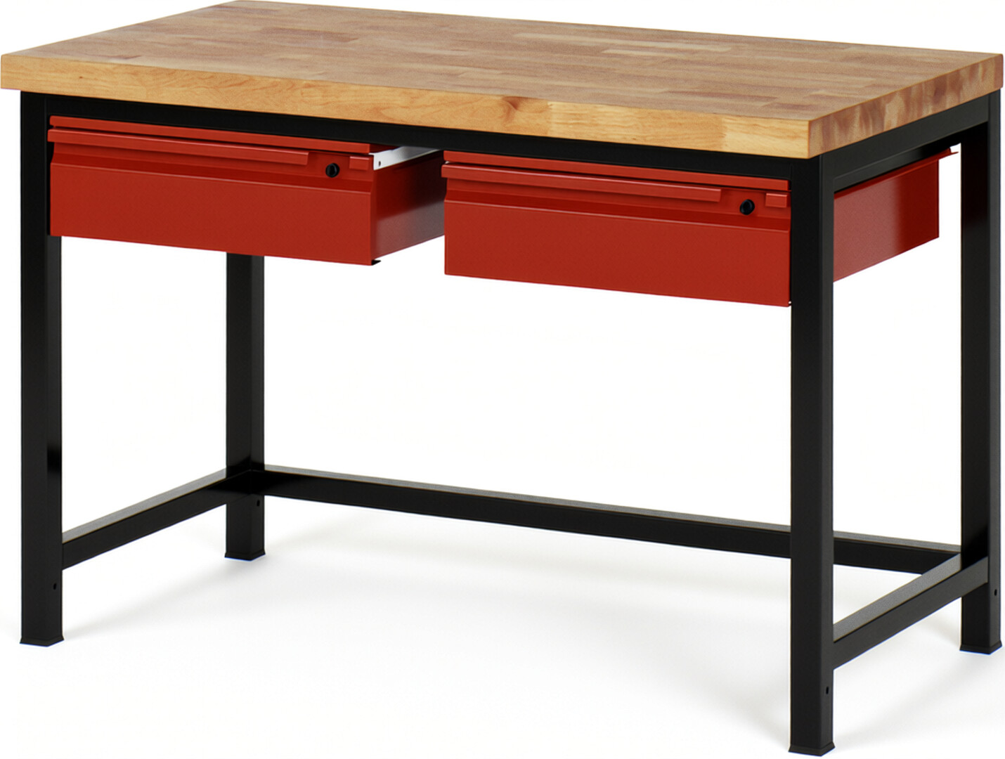 RAU Werkbank schwarz - rot - Breite 125 cm - Tiefe 70 cm - Höhe 104 cm - Buche-Massiv Arbeitsplatte 40 mm