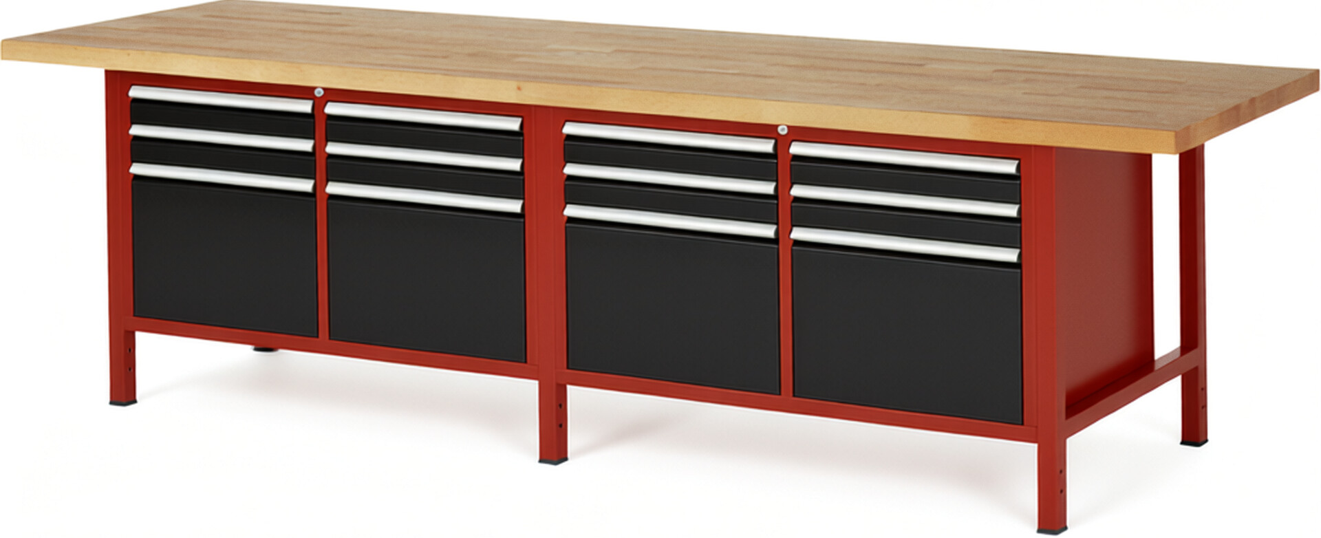 Werkbank Modell 8474 rot - schwarz, BxTxH 3000x900x840-1040 mm,  Buche-Massiv Arbeitsplatte 40 mm,  12 Schubladen mit  Auszug 90 %