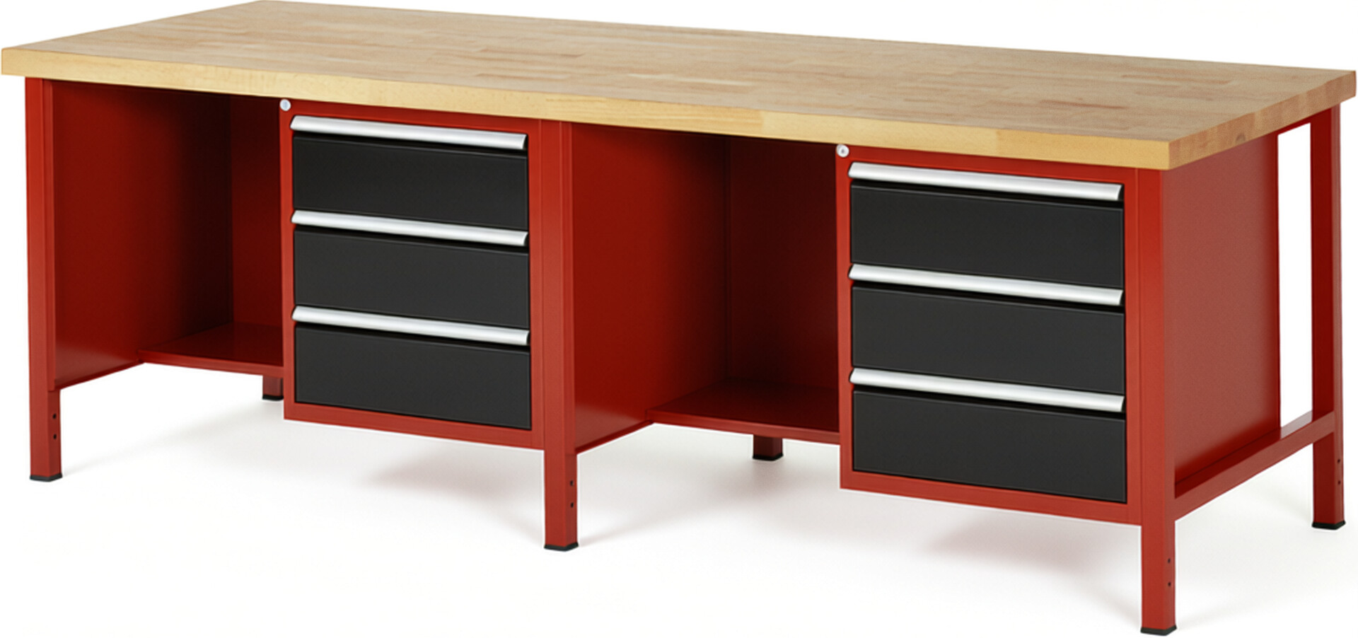 Werkbank Modell 8452 rot - schwarz, BxTxH 2500x900x840-1040 mm,  Buche-Massiv Arbeitsplatte 40 mm,  6 Schubladen mit  Auszug 90 %