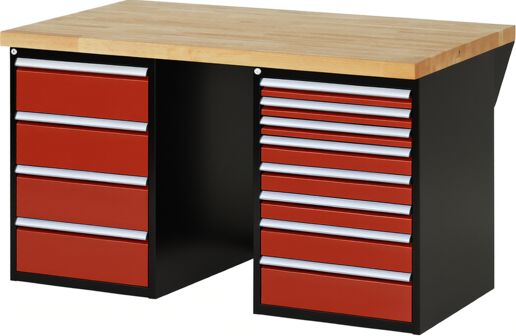 RAU Werkbank schwarz - rot - Breite 150 cm - Tiefe 90 cm - Höhe 84 cm - Buche-Massiv Arbeitsplatte 40 mm