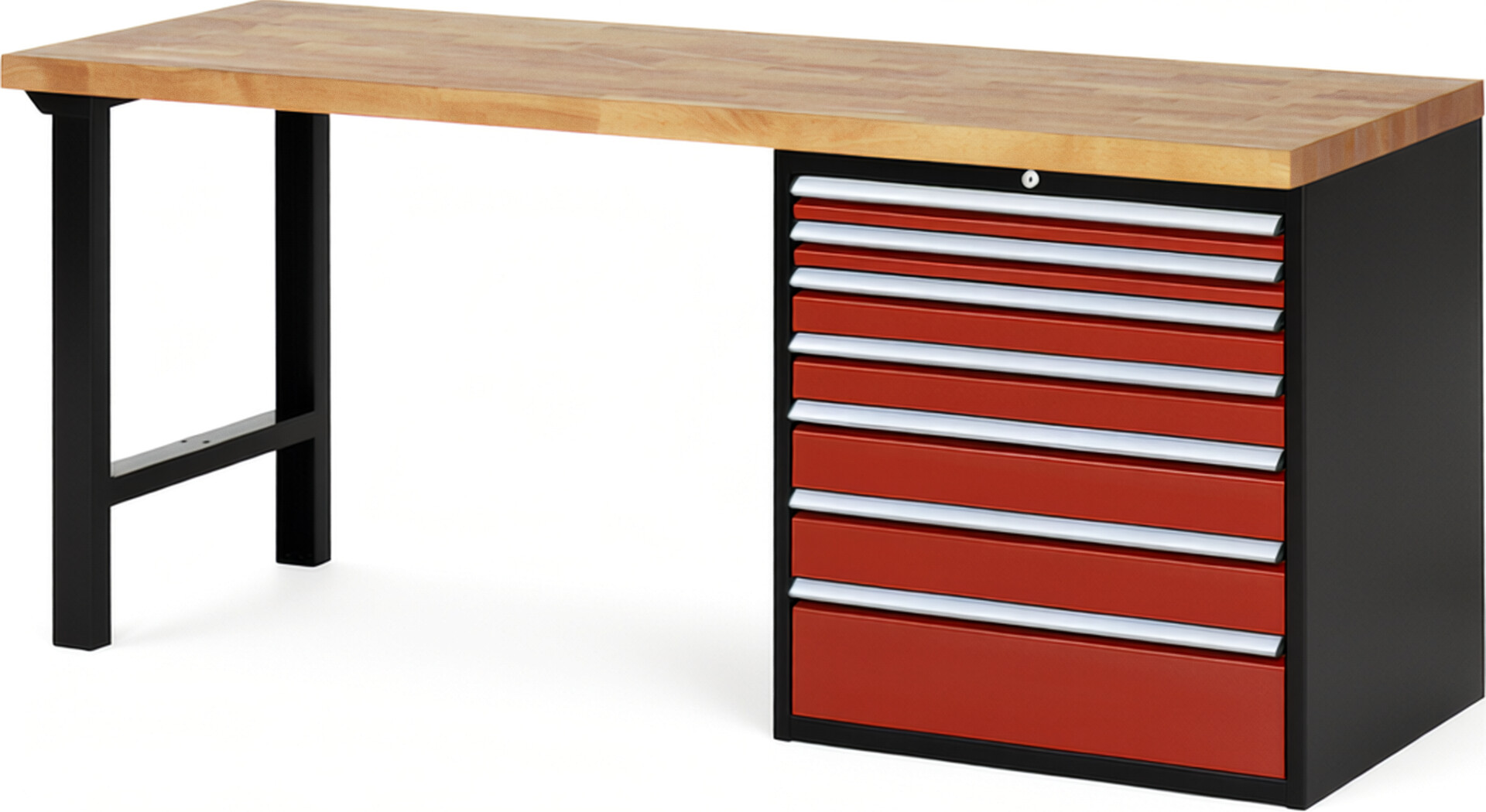 RAU Werkbank schwarz - rot - Breite 200 cm - Tiefe 70 cm - Höhe 89 cm - Buche-Massiv Arbeitsplatte 40 mm