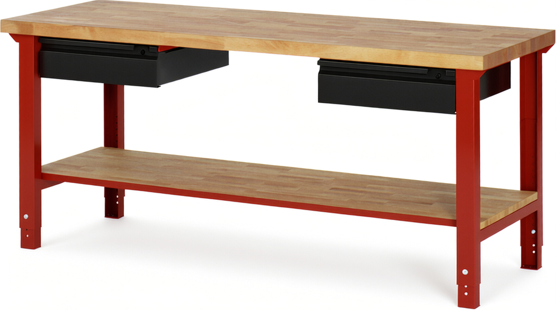 Werkbank - Modell 7002 BASIC rot - schwarz, BxTxH 2000x700x790-1140 mm,  Buche-Massiv Arbeitsplatte 40 mm,  2 Schubladen mit  Auszug 90 %