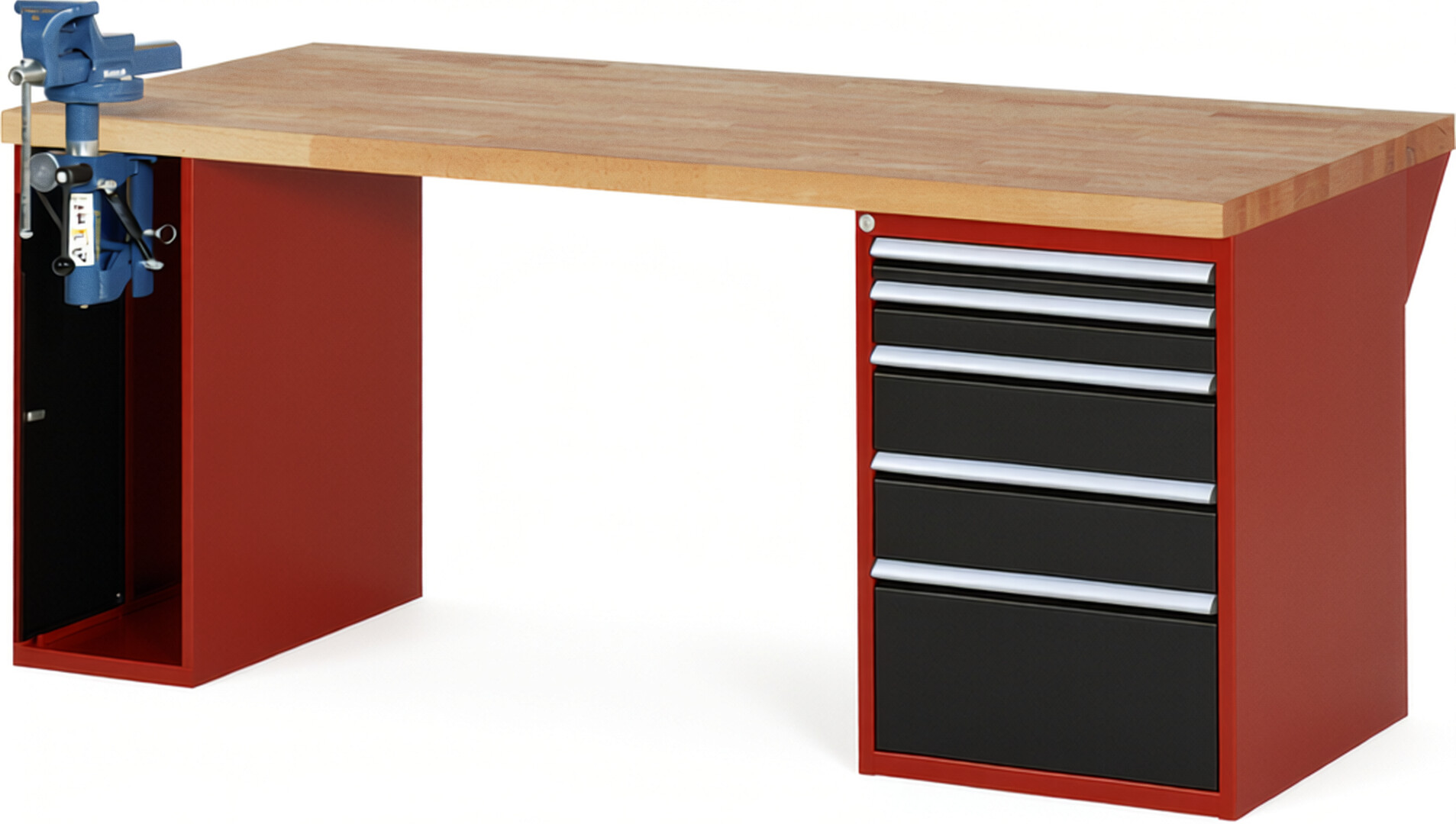 Werkbank Modell 7511 rot - schwarz, BxTxH 2000x900x890 mm,  Buche-Massiv Arbeitsplatte 40 mm,  5 Schubladen mit  Vollauszug 100 % und  SoftClosing