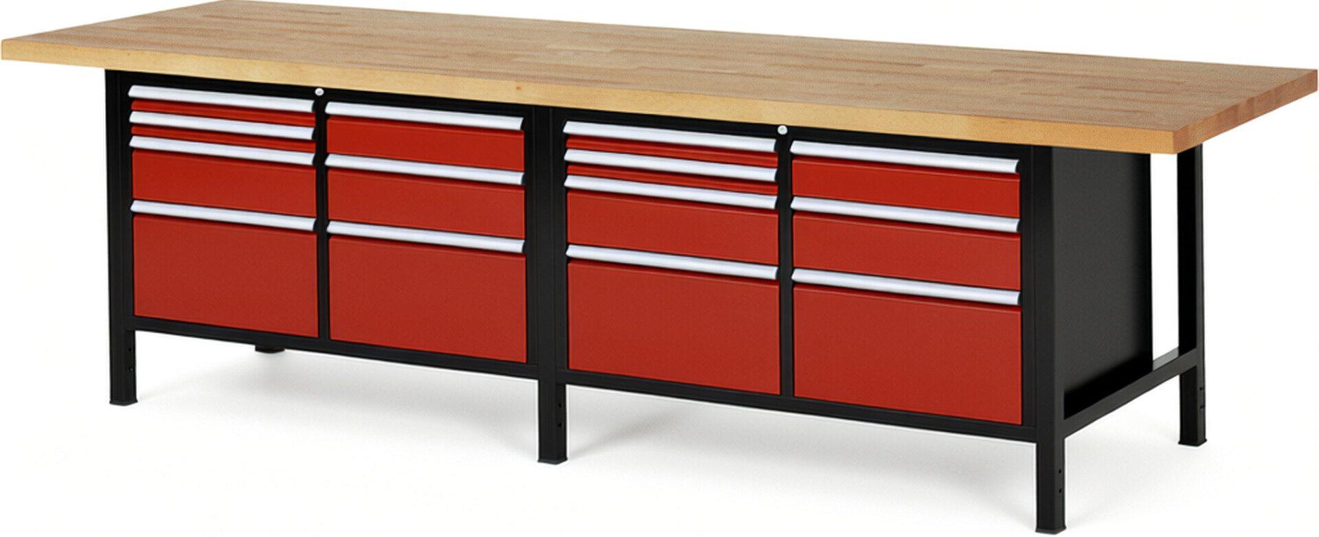 RAU Werkbank schwarz - rot - Breite 300 cm - Tiefe 90 cm - Höhe 104 cm - Buche-Massiv Arbeitsplatte 40 mm