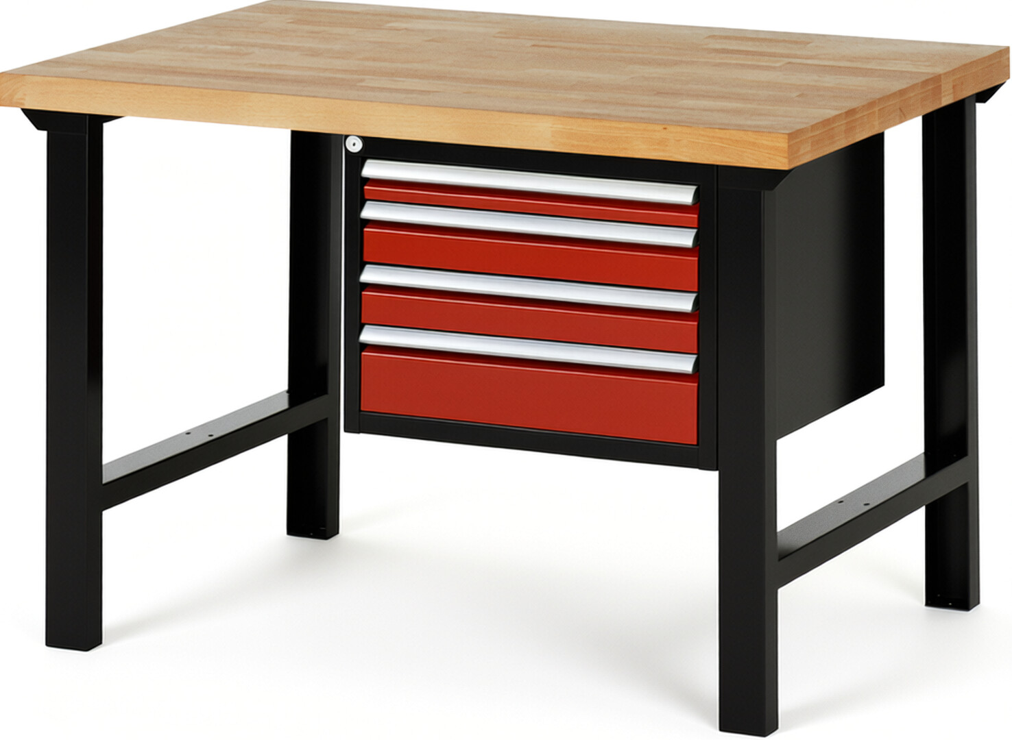 RAU Werkbank schwarz - rot - Breite 125 cm - Tiefe 90 cm - Höhe 84 cm - Buche-Massiv Arbeitsplatte 40 mm