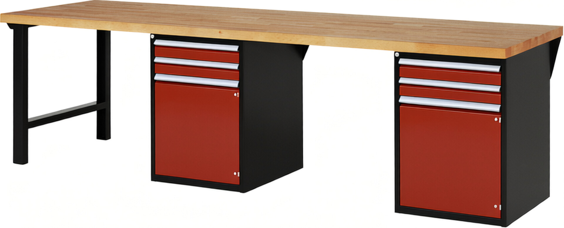 Werkbank Modell 7503 schwarz-rot, BxTxH 3000x900x890 mm,  Buche-Massiv Arbeitsplatte 40 mm,  4 Schubladen mit  Auszug 90 %