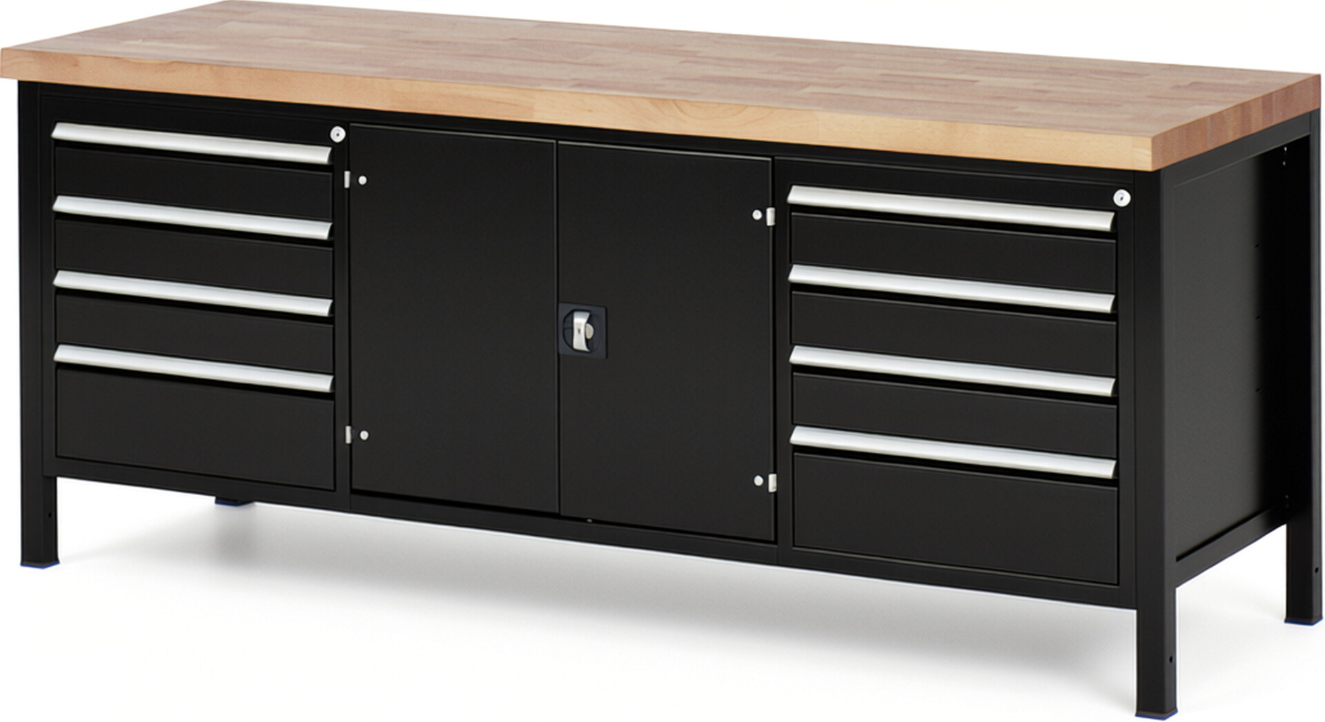 Werkbank Modell 8909 schwarz, BxTxH 2000x700x840-1040 mm,  Buche-Massiv Arbeitsplatte 40 mm,  8 Schubladen mit  Auszug 90 %