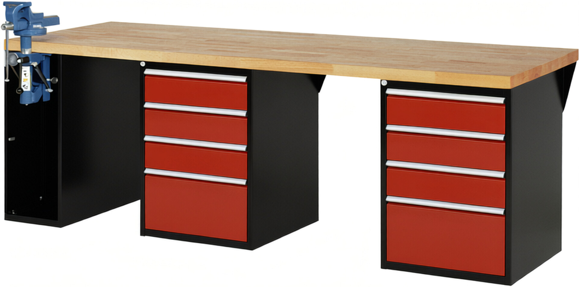 RAU Werkbank schwarz - rot - Breite 250 cm - Tiefe 90 cm - Höhe 84 cm - Buche-Massiv Arbeitsplatte 40 mm