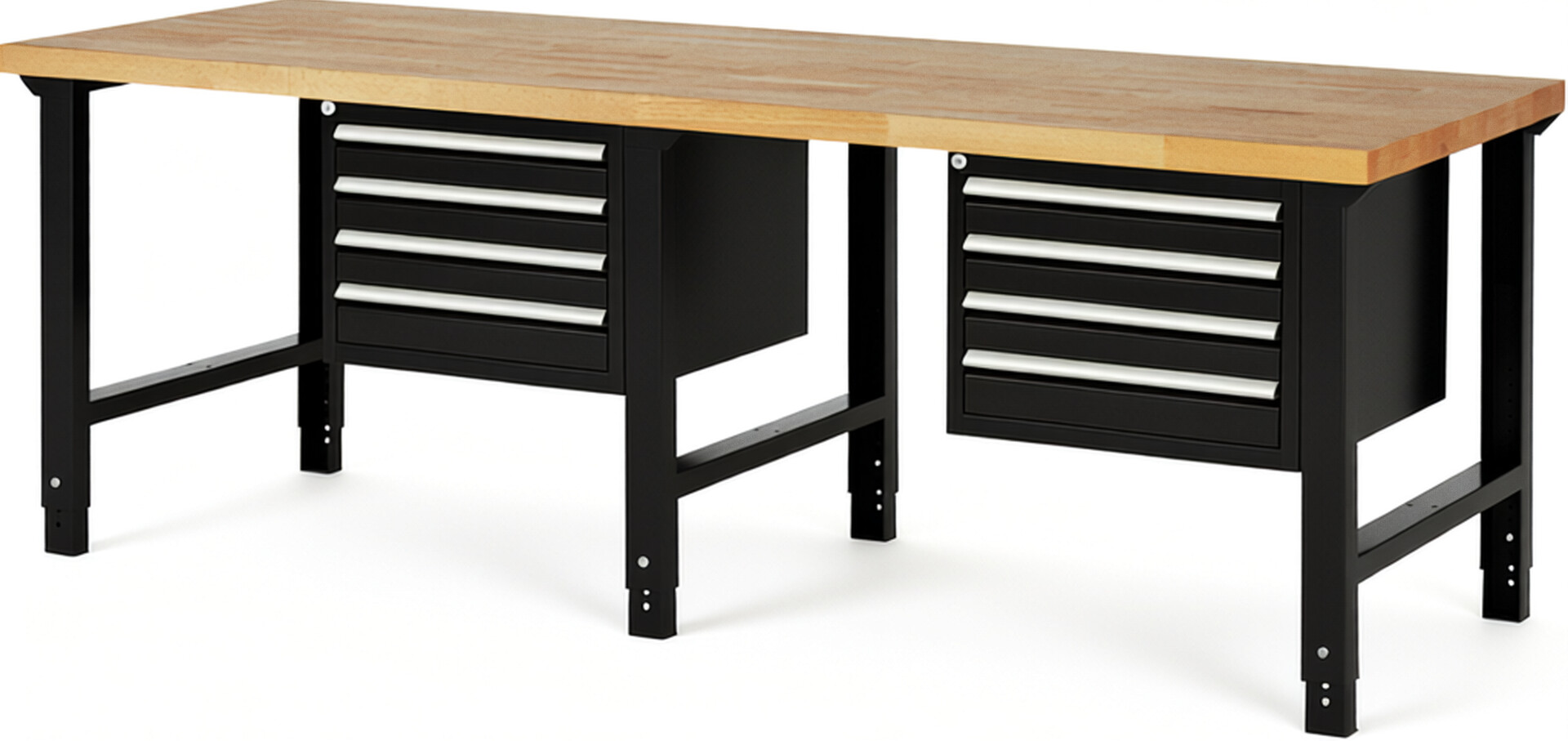 Werkbank Modell 7133 schwarz, BxTxH 2500x900x790-1140 mm,  Buche-Massiv Arbeitsplatte 40 mm,  8 Schubladen mit  Auszug 90 %