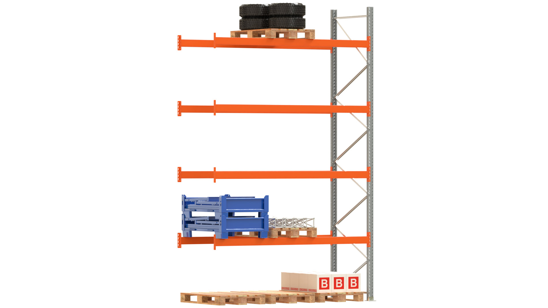 Palettenregal ARTUS - Anbaufeld - Breite 278,5 cm - Höhe 450 cm - Tiefe 110 cm - 4 Träger Ebenen