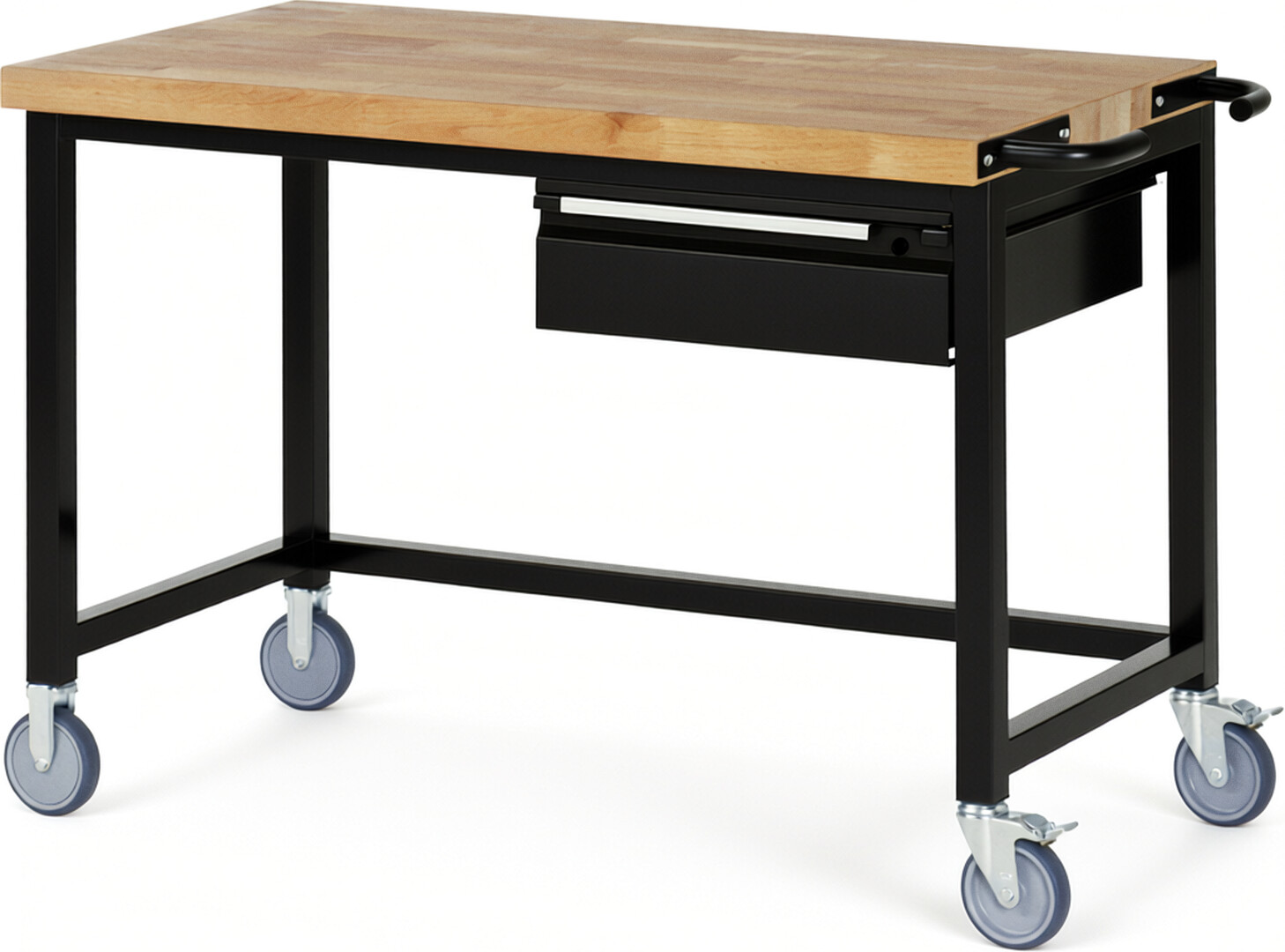 Fahrbare Werkbank - Modell 8001 BASIC schwarz, BxTxH 1250x700x880 mm,  Buche-Massiv Arbeitsplatte 40 mm,  1 Schublade mit  Auszug 90 %