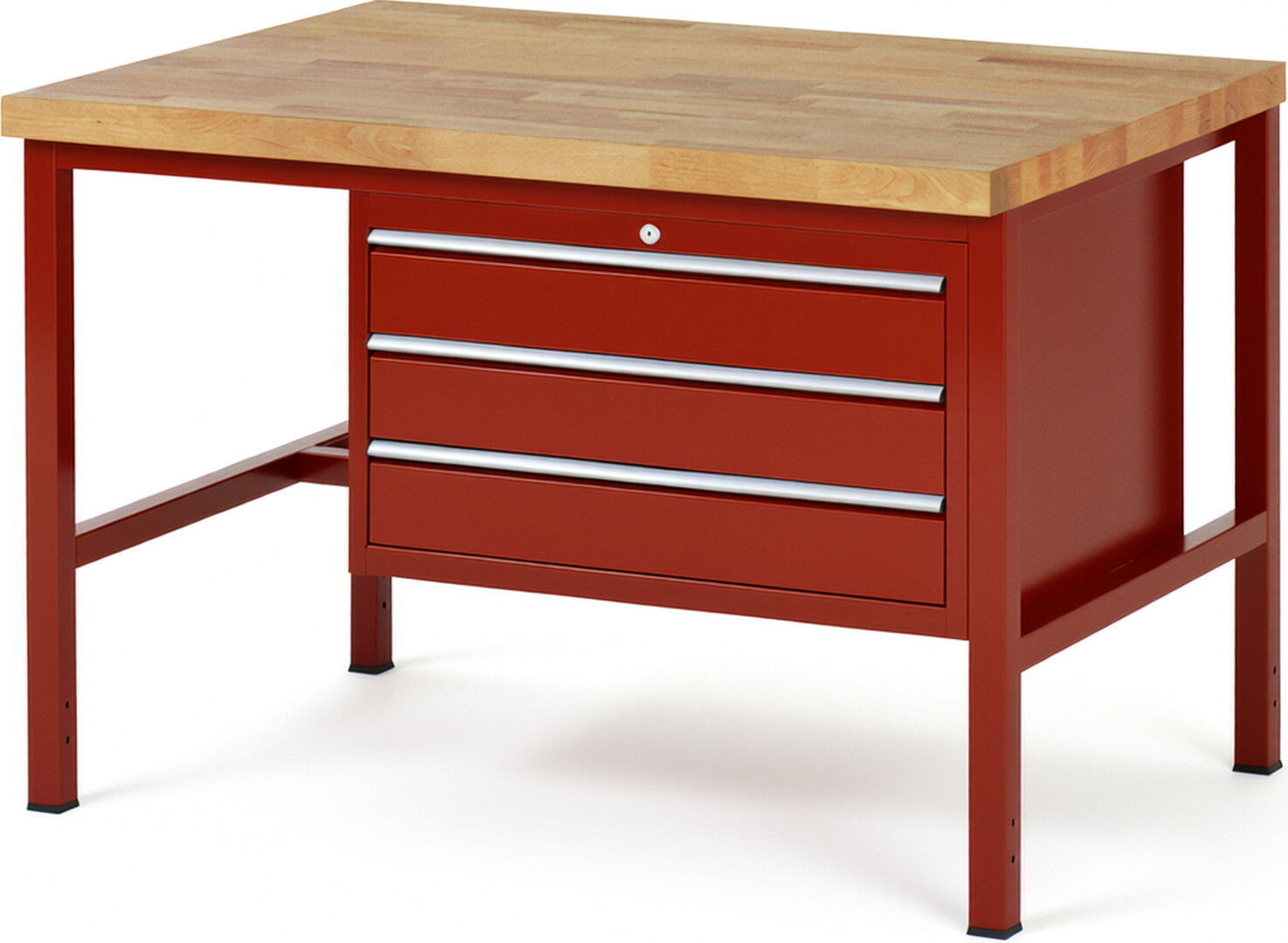 Werkbank Modell 8227 rot, BxTxH 1250x900x840 mm,  Buche-Massiv Arbeitsplatte 40 mm,  3 Schubladen mit  Auszug 90 %