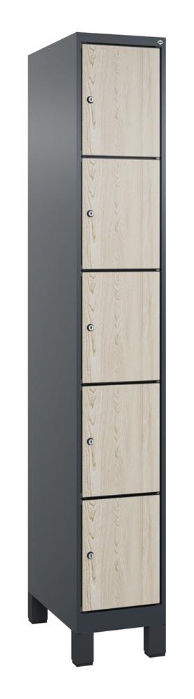 Fächerschrank mit MDF Türen, BxTxH 300x500x1.950 mm, 1x5 Fächer, Abteilbreite 300 mm, Füße, Schloss, HPL-Dekorfront, RAL 7016/Dekor Esche