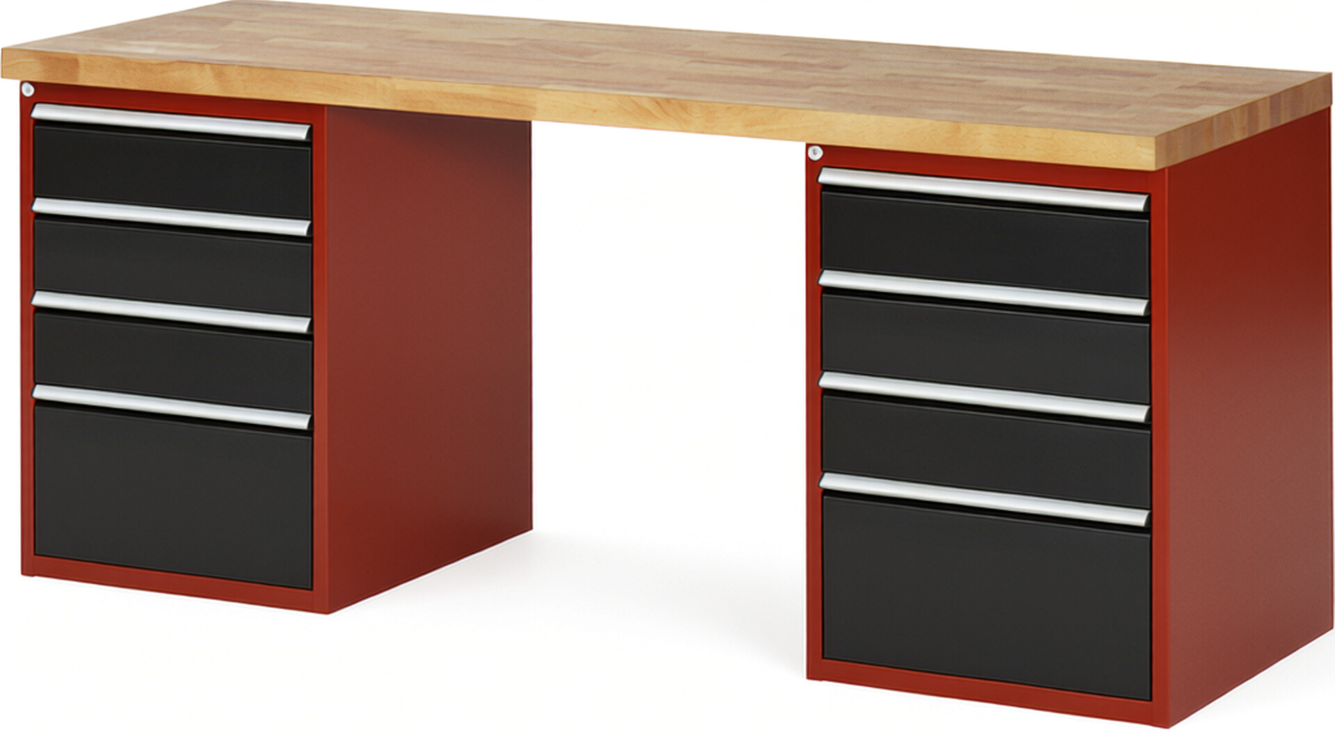 Werkbank Modell 7510 rot - schwarz, BxTxH 2000x700x840 mm,  Buche-Massiv Arbeitsplatte 40 mm,  8 Schubladen mit  Vollauszug 100 % und  SoftClosing