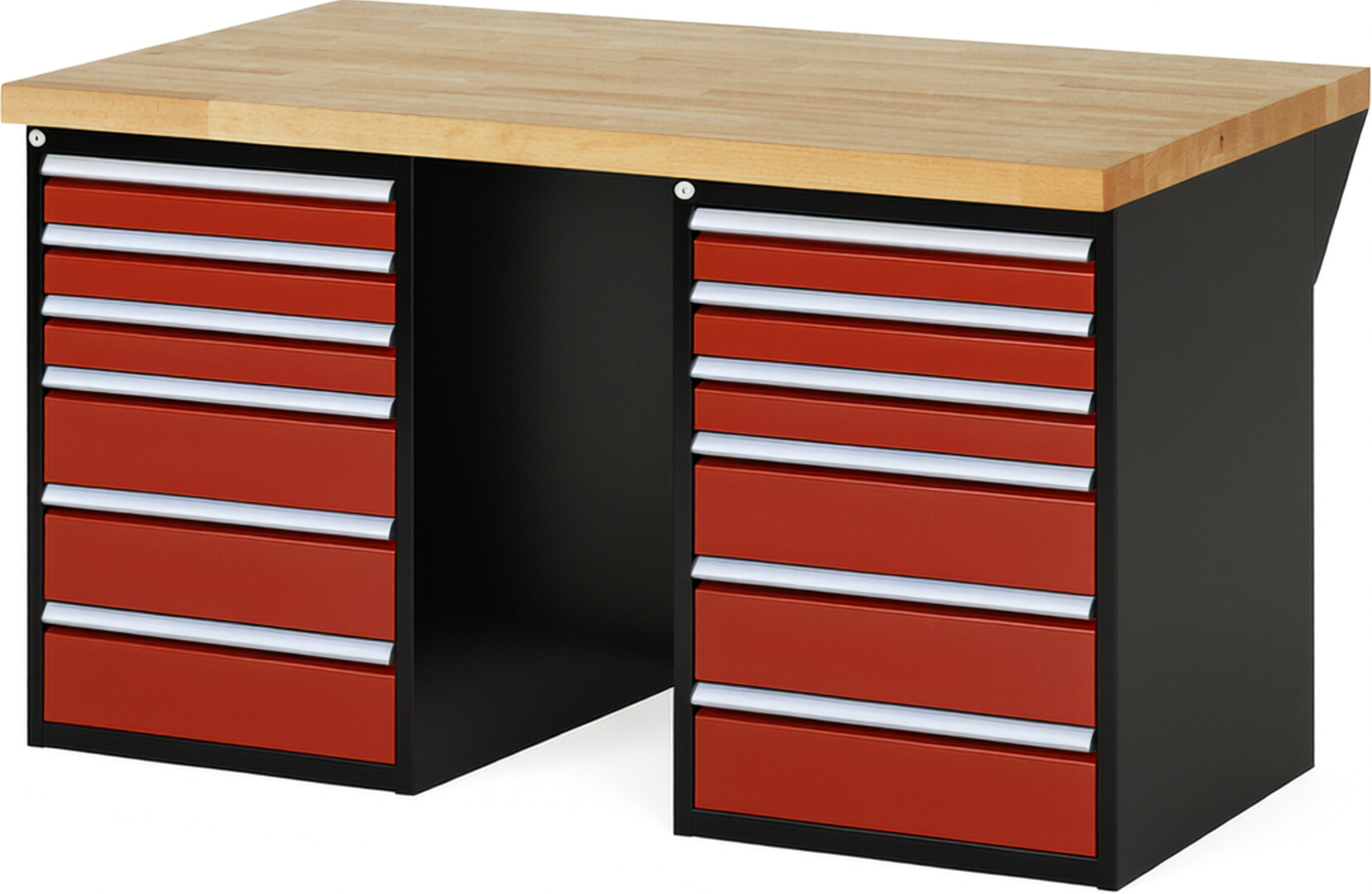 RAU Werkbank schwarz - rot - Breite 150 cm - Tiefe 90 cm - Höhe 89 cm - Buche-Massiv Arbeitsplatte 40 mm