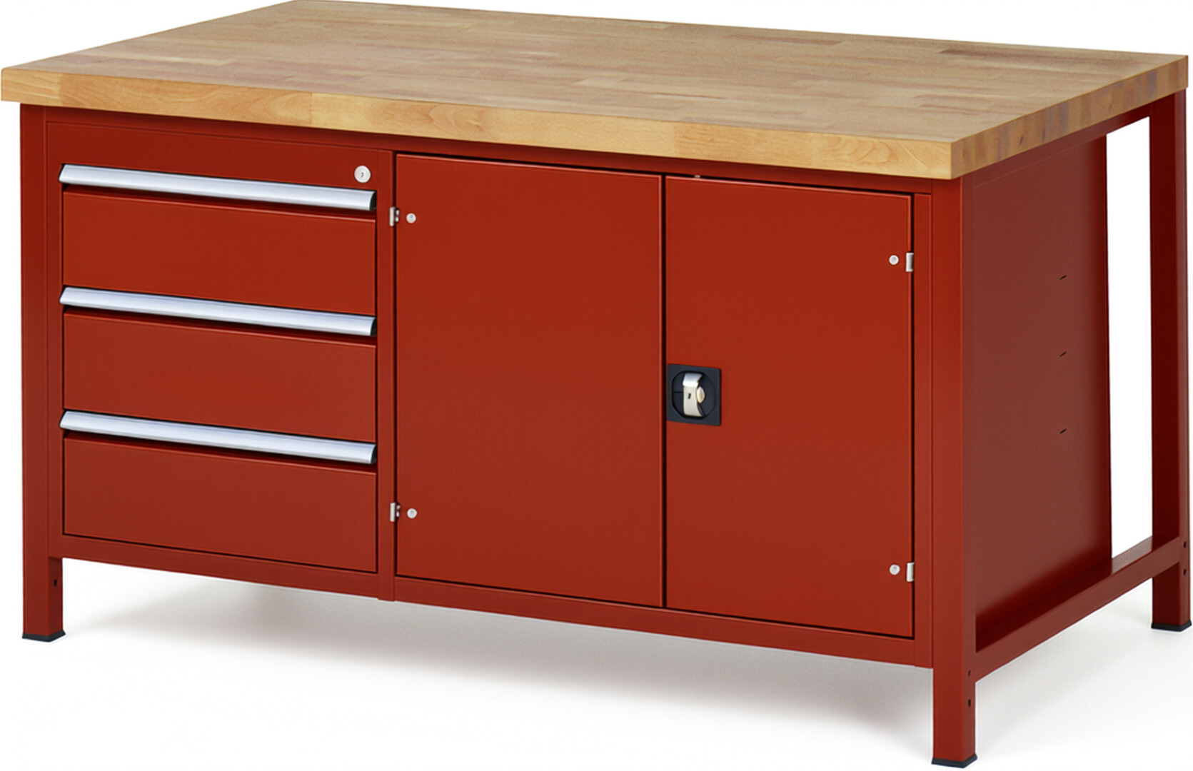 RAU Werkbank rot - Breite 150 cm - Tiefe 90 cm - Höhe 104 cm - Buche-Massiv Arbeitsplatte 40 mm