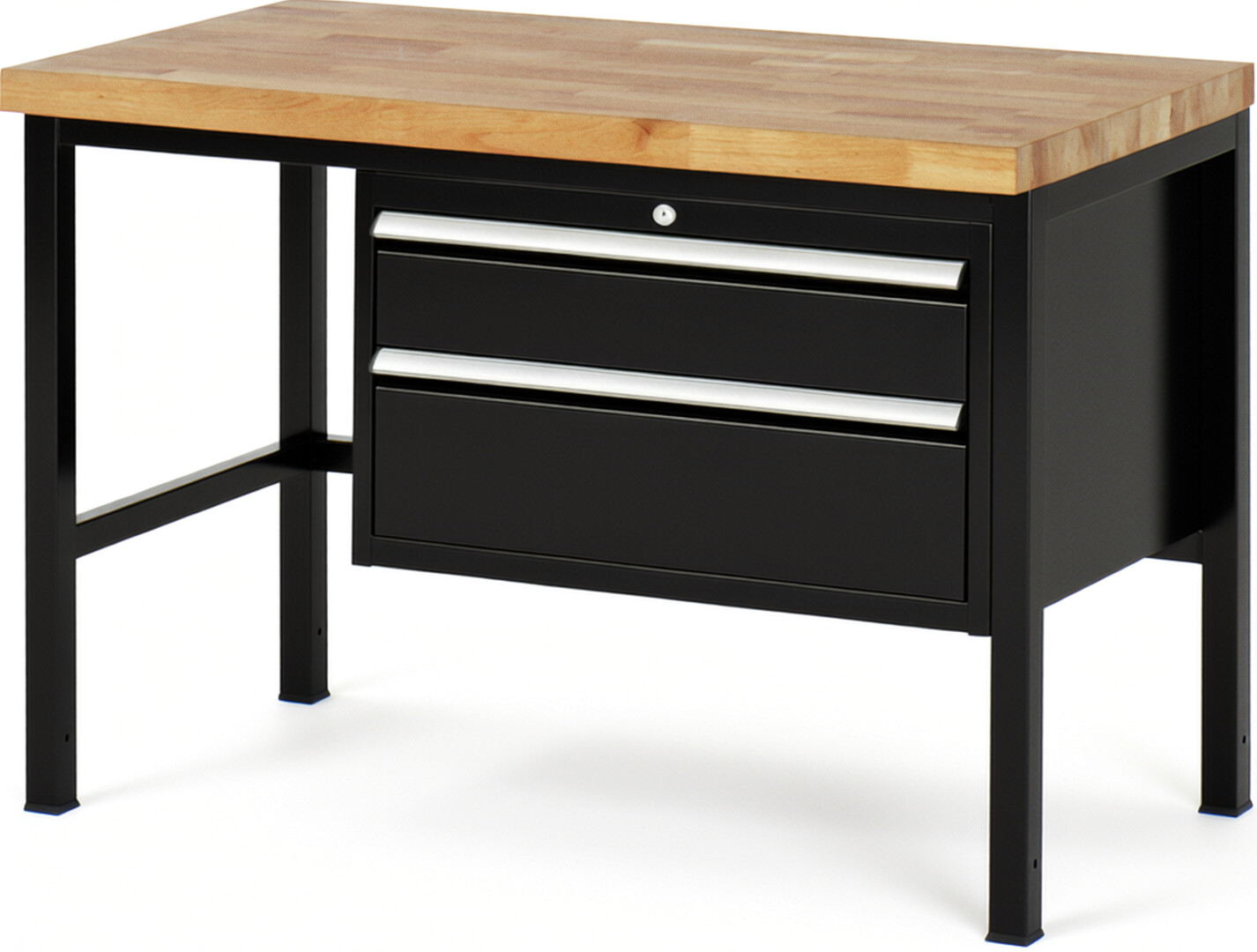 Werkbank Modell 8223 schwarz, BxTxH 1250x700x840 mm,  Buche-Massiv Arbeitsplatte 40 mm,  2 Schubladen mit  Auszug 90 %