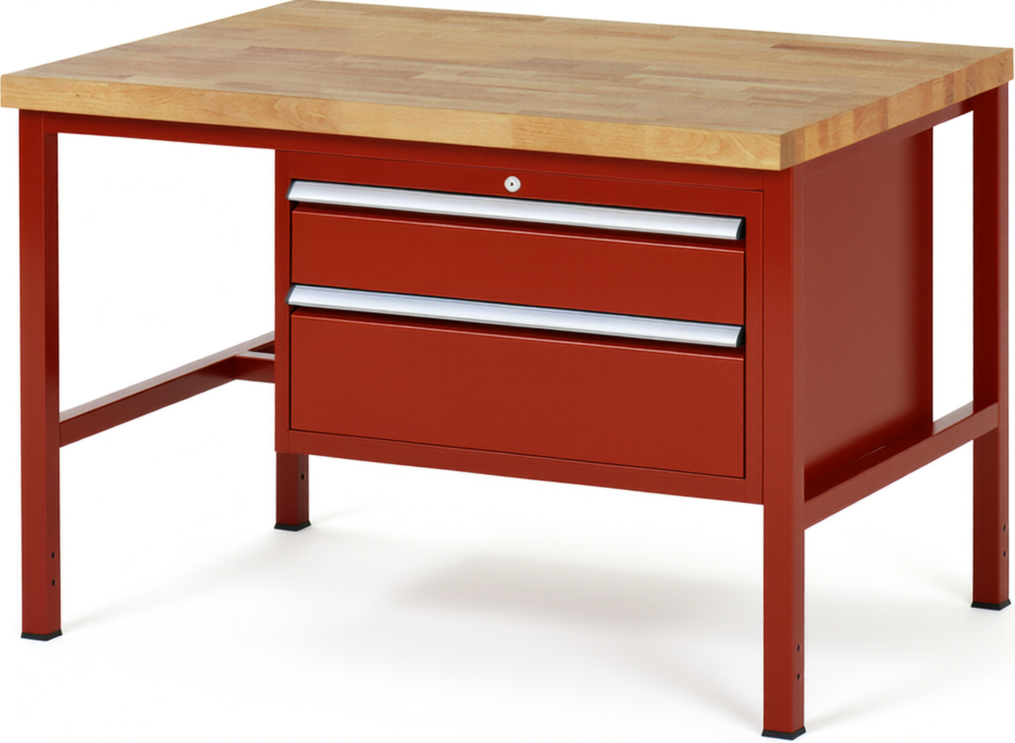 Werkbank Modell 8223 rot, BxTxH 1250x900x840-1040 mm,  Buche-Massiv Arbeitsplatte 40 mm,  2 Schubladen mit  Auszug 90 %