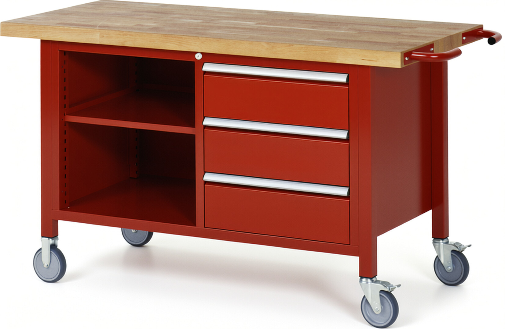 Fahrbare Werkbank Modell 8462 rot, BxTxH 1500x700x880 mm,  Buche-Massiv Arbeitsplatte 40 mm,  3 Schubladen mit  Auszug 90 %