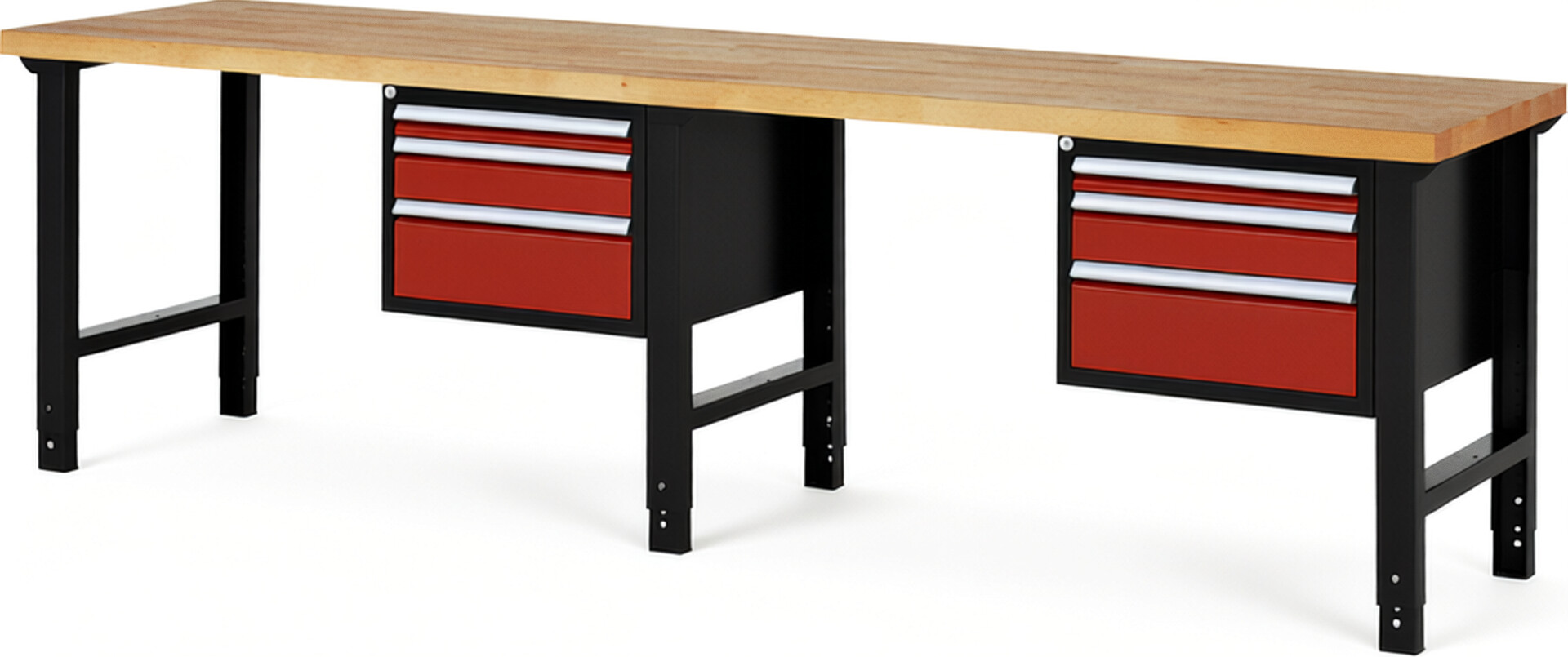 RAU Werkbank schwarz - rot - Breite 300 cm - Tiefe 70 cm - Höhe 114 cm - Buche-Massiv Arbeitsplatte 40 mm