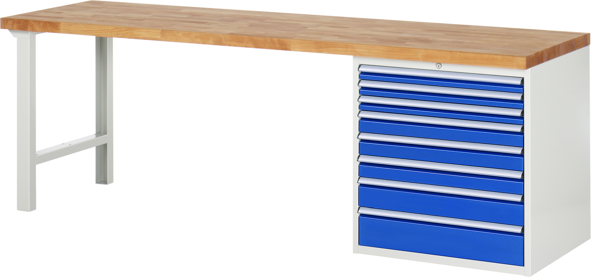 Werkbank Modell 7619 rot - schwarz, BxTxH 2500x700x840 mm,  Buche-Massiv Arbeitsplatte 40 mm,  8 Schubladen mit  Auszug 90 %