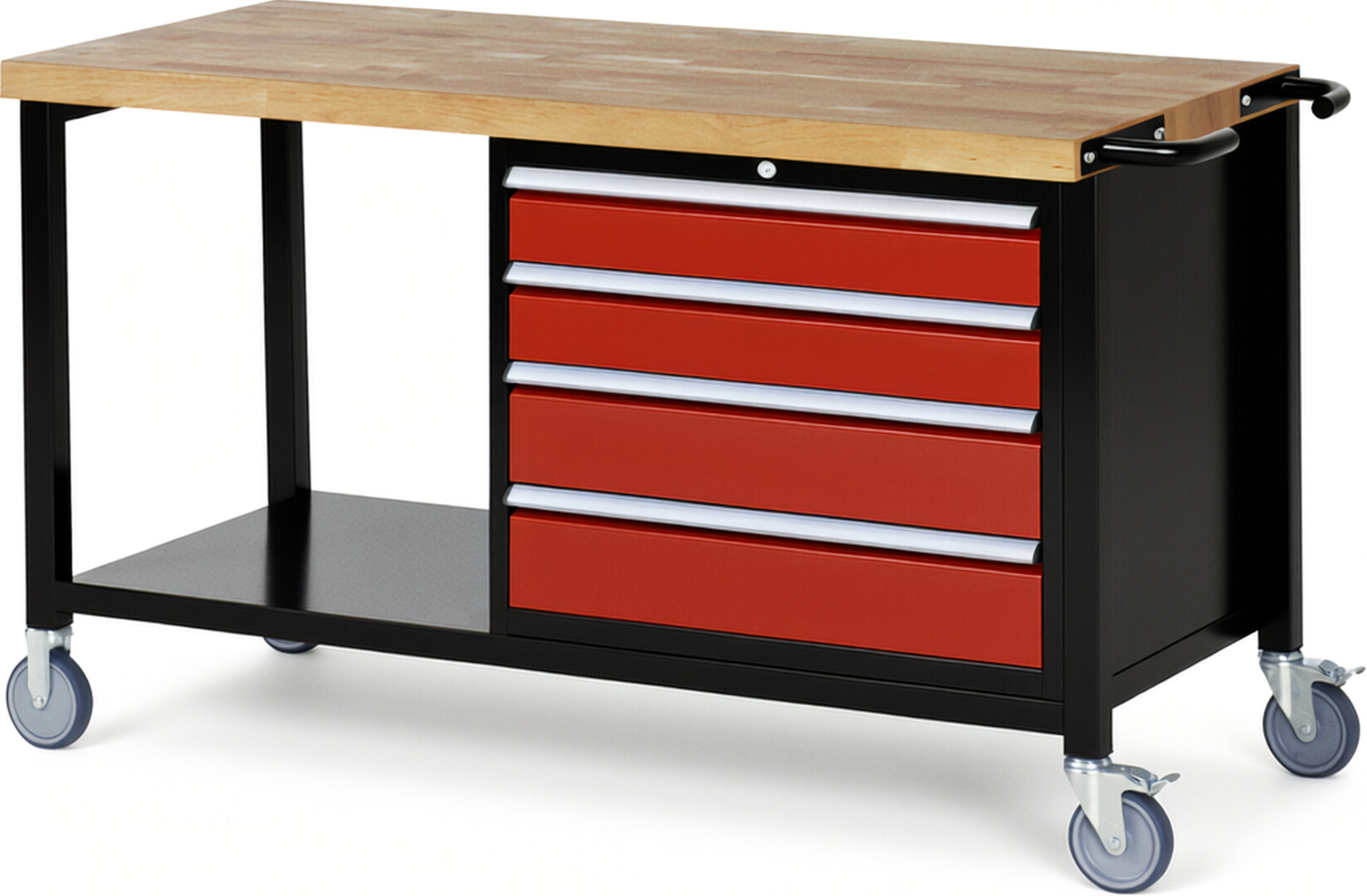 RAU Werkbank schwarz - rot - Breite 150 cm - Tiefe 70 cm - Höhe 108 cm - Buche-Massiv Arbeitsplatte 40 mm