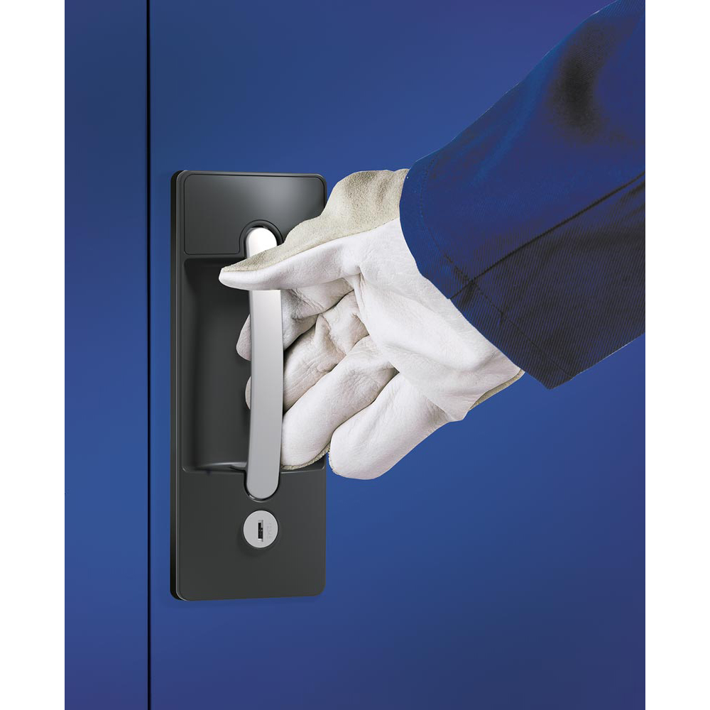 Akku Ladeschrank, Sichtfenster-Türen,BxTxH 930x500x1950 mm, RAL 7035/5010 mit 3 verzinkten Einlegeböden