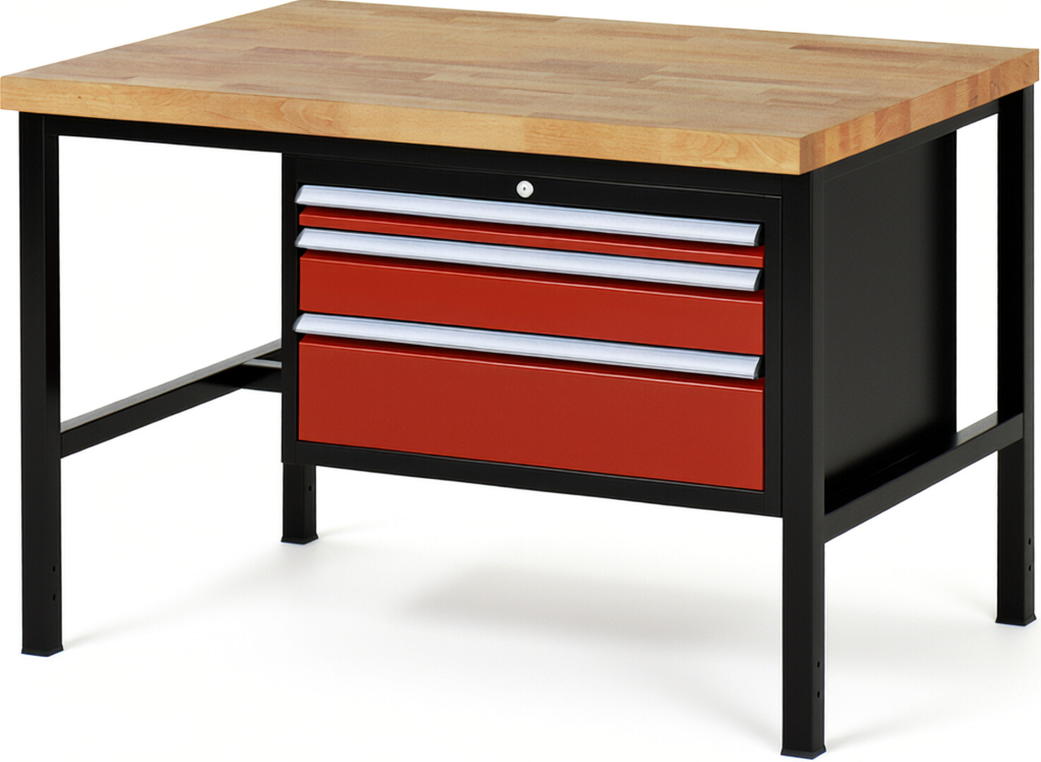 RAU Werkbank schwarz - rot - Breite 125 cm - Tiefe 90 cm - Höhe 104 cm - Buche-Massiv Arbeitsplatte 40 mm