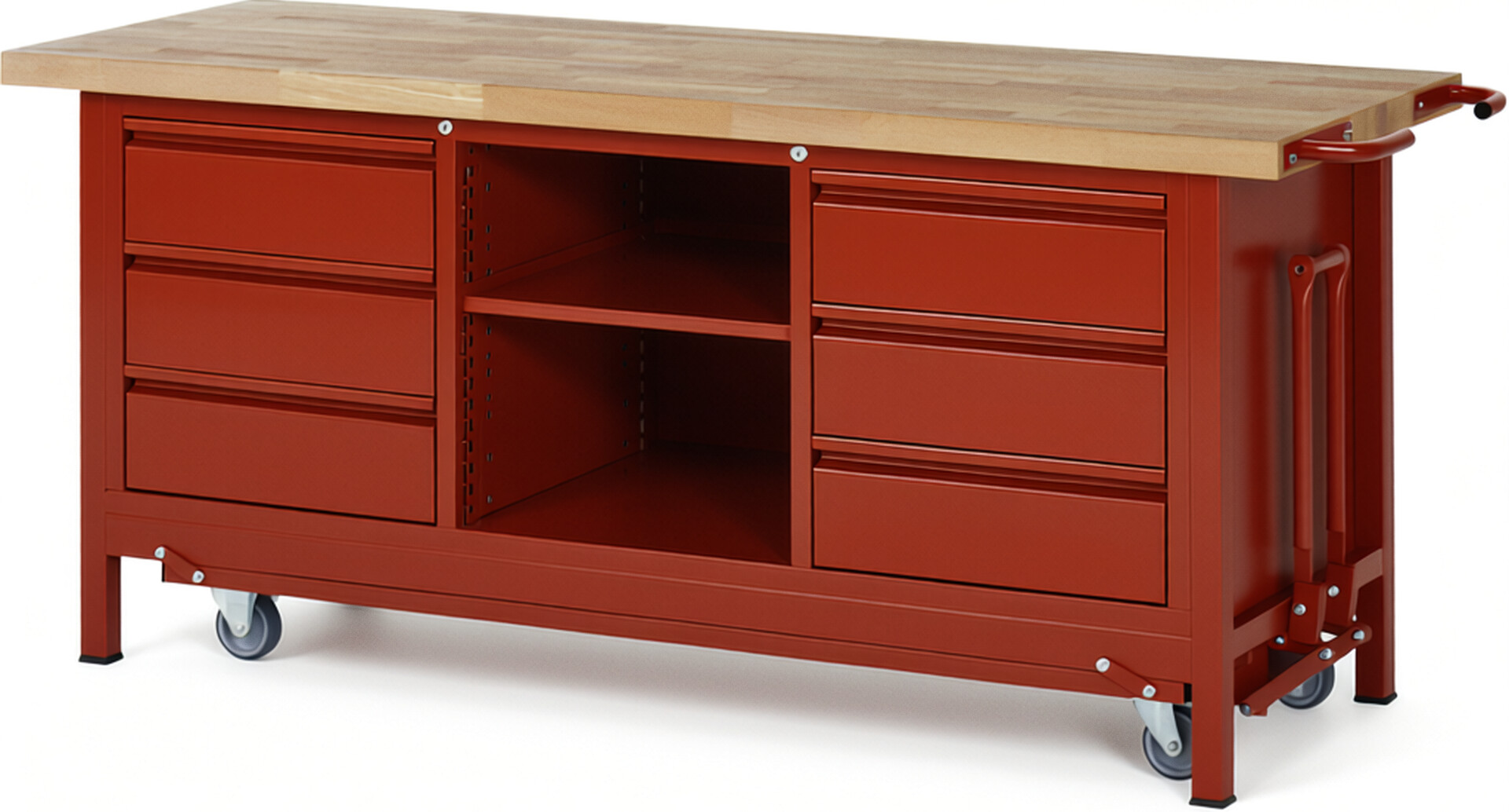 Absenkbare Werkbank - Modell 8581 BASIC rot, BxTxH 2000x700x880 mm,  Buche-Massiv Arbeitsplatte 40 mm,  6 Schubladen mit  Auszug 90 %