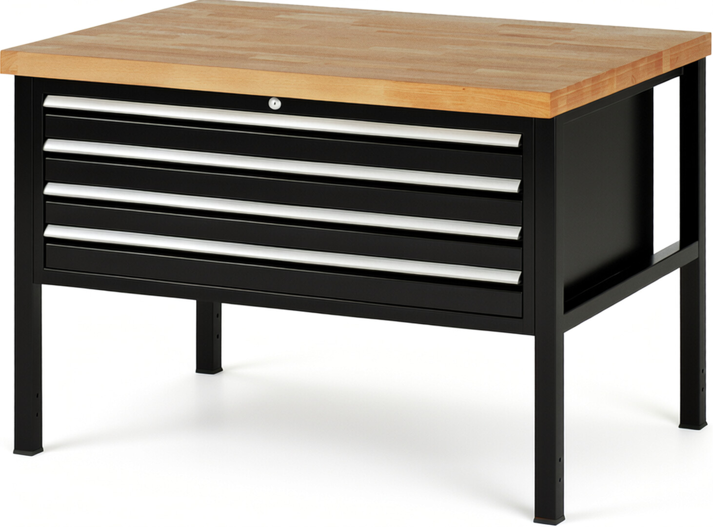 Werkbank Modell 8333 schwarz, BxTxH 1250x900x840 mm,  Buche-Massiv Arbeitsplatte 40 mm,  4 Schubladen mit  Auszug 90 %