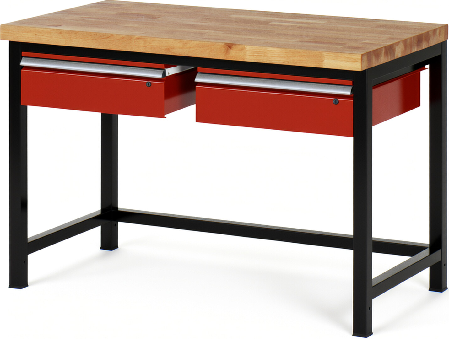 RAU Werkbank schwarz - rot - Breite 125 cm - Tiefe 70 cm - Höhe 104 cm - Buche-Massiv Arbeitsplatte 40 mm