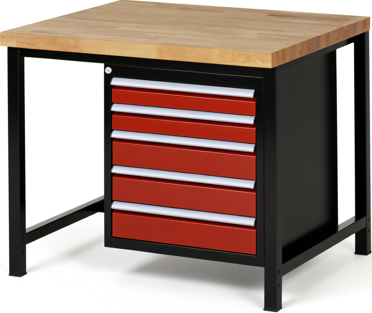 Werkbank Modell 8171 schwarz-rot, BxTxH 1000x900x840 mm,  Buche-Massiv Arbeitsplatte 40 mm,  5 Schubladen mit  Vollauszug 100 % und  SoftClosing