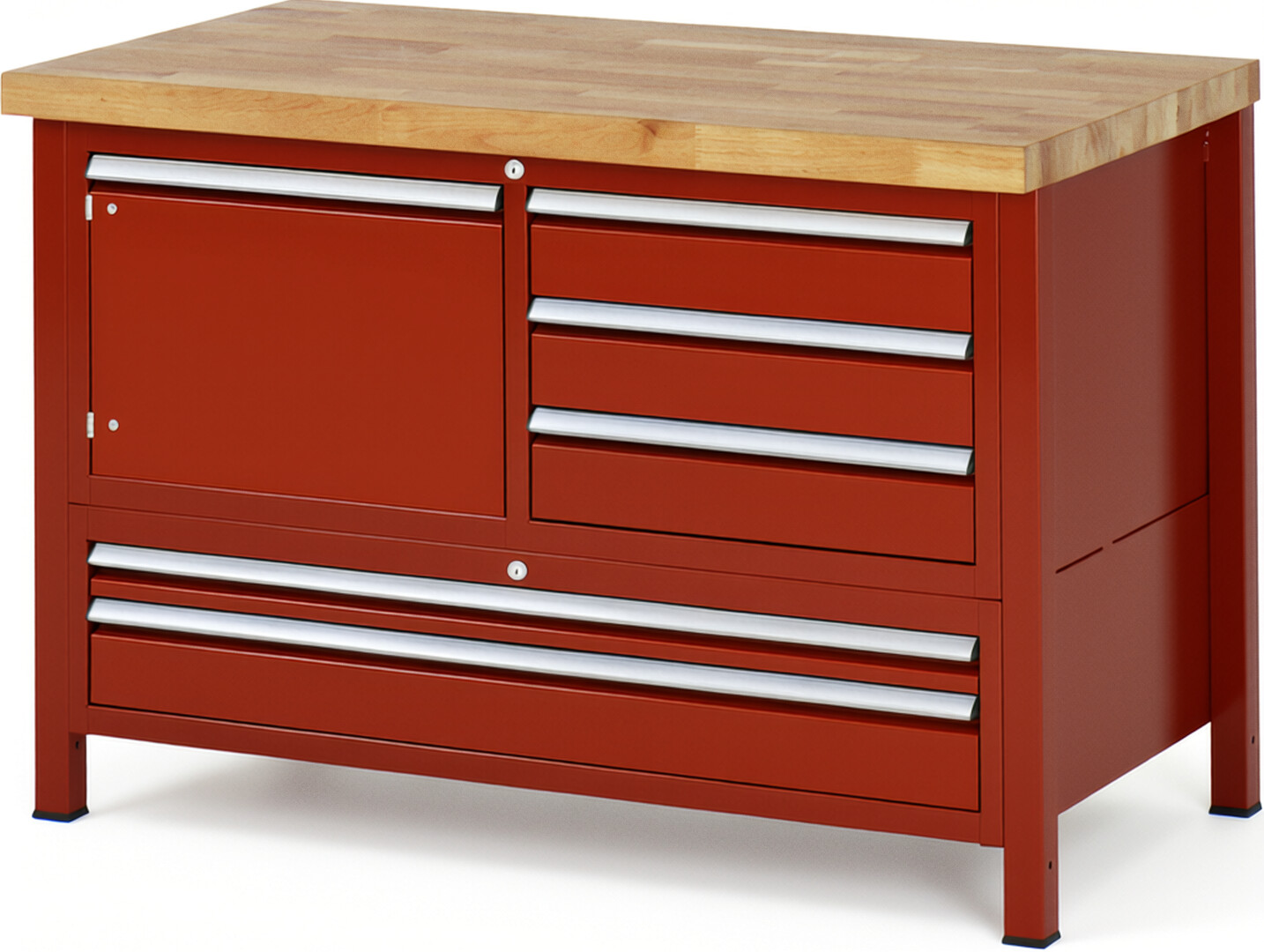 Werkbank Modell 8932 rot, BxTxH 1250x700x840 mm,  Buche-Massiv Arbeitsplatte 40 mm,  5 Schubladen mit  Vollauszug 100 % und  SoftClosing
