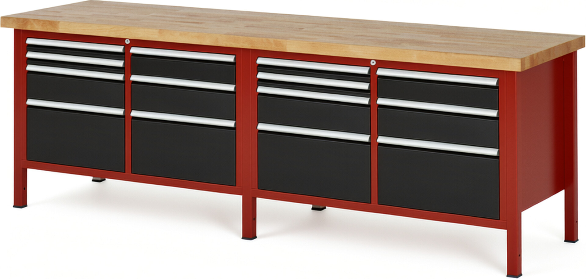 RAU Werkbank rot - schwarz - Breite 250 cm - Tiefe 70 cm - Höhe 84 cm - Buche-Massiv Arbeitsplatte 40 mm