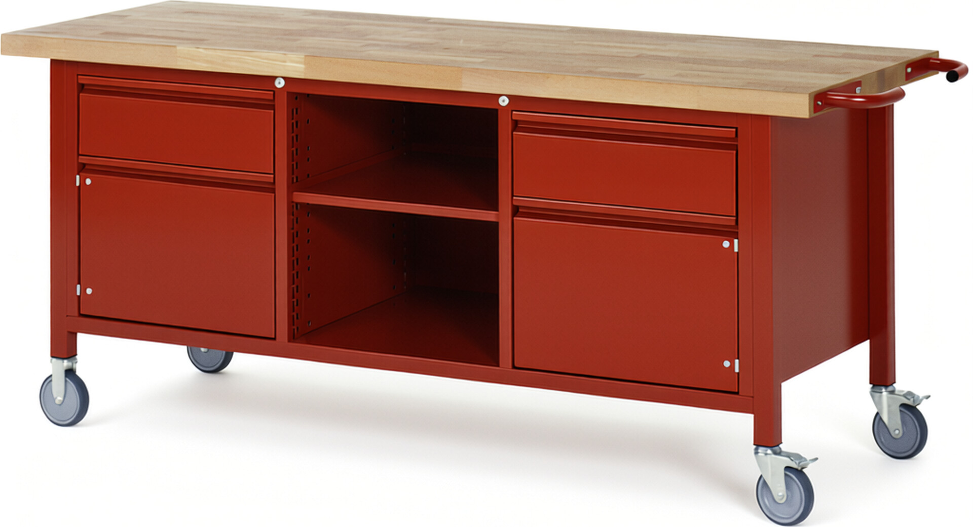 Fahrbare Werkbank - Modell 8561 BASIC rot, BxTxH 2000x700x880 mm,  Buche-Massiv Arbeitsplatte 40 mm,  2 Schubladen mit  Auszug 90 %